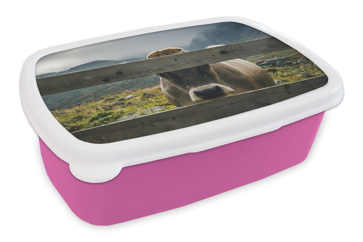 MuchoWow Lunchbox Kuh - Nebel - Zaun, Kunststoff, (2-tlg), Brotbox für Erwachsene, Brotdose Kinder, Snackbox, Mädchen, Kunststoff rosa