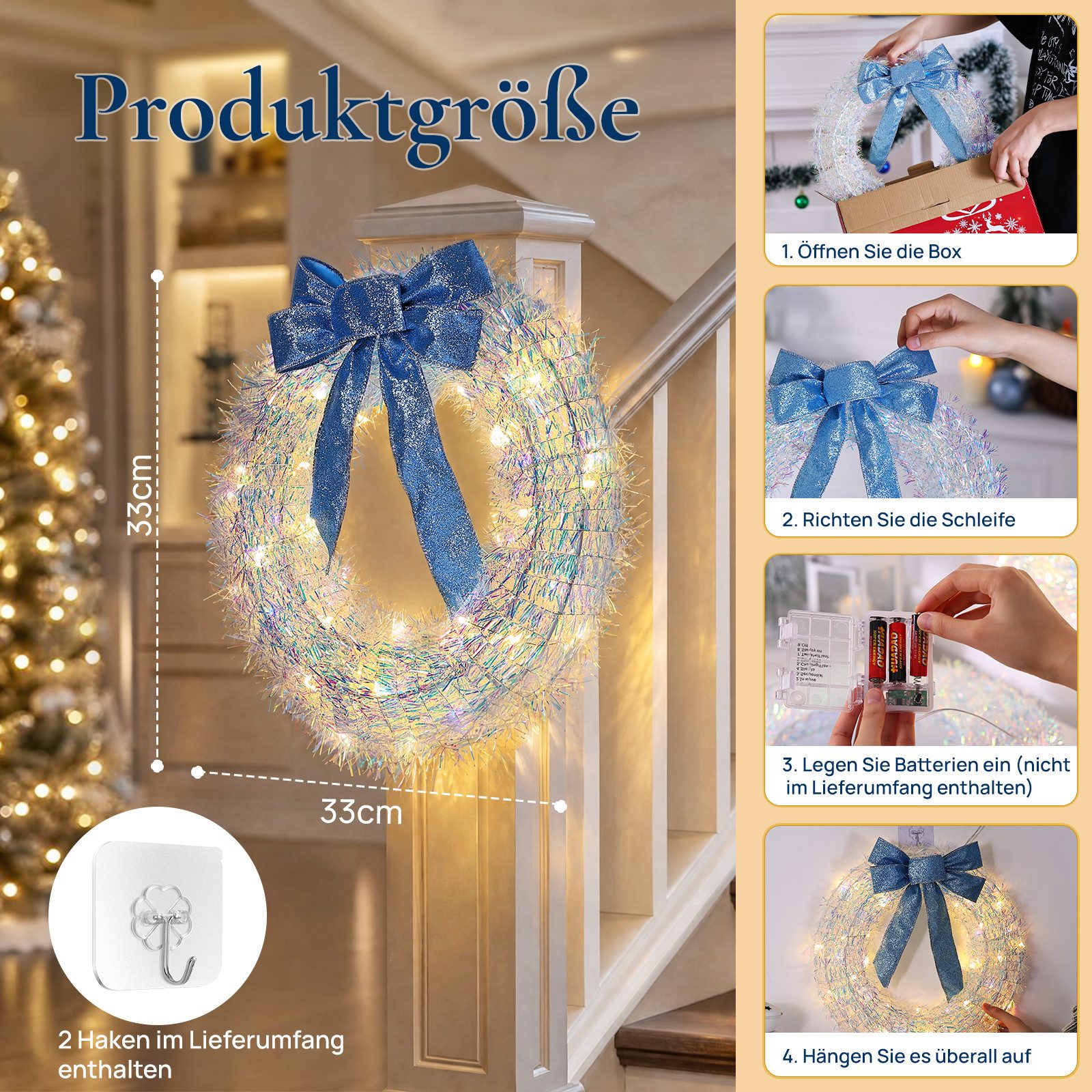Kunstkranz weihnachtsdeko 30cm, Türkranz Weihnachten mit 40 LEDs, adventskranz, Quntis, adventskranz mit led & blaue Schleife, Weihnachtsdekoration – Bild 4 von 5