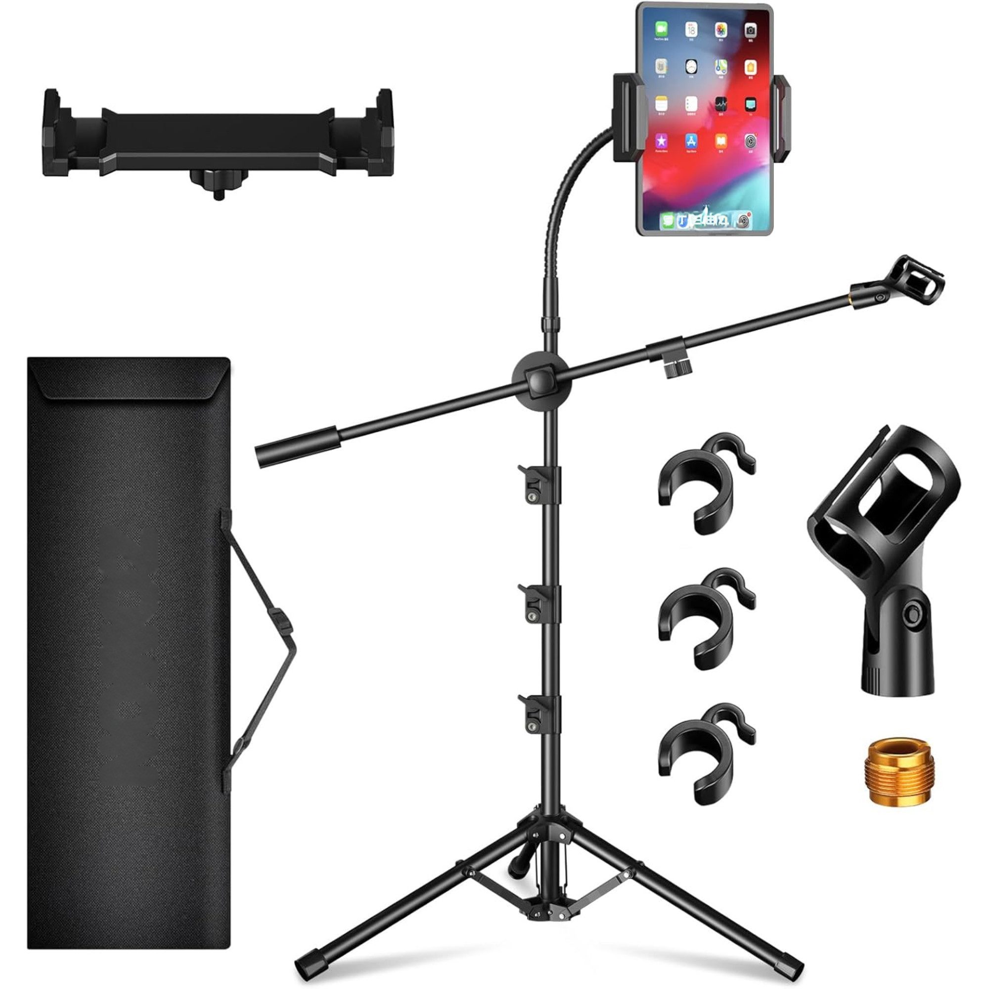 Vivitar Mikrofonständer mit Galgenarm und Tragetasche – Stabiles Stativ aus Stahl, 107–174 cm, (Shure SM58, SM7B, Samson Q2U, HyperX QuadCast, AT2020 u. v. m., ideal für Gesang, Podcast, Studio & Bühne – kompatibel mit Blue Yeti), Höhenverstellbarer verstellbar 2 Mikrofonklammern 3/8"-5/8" Adapter
