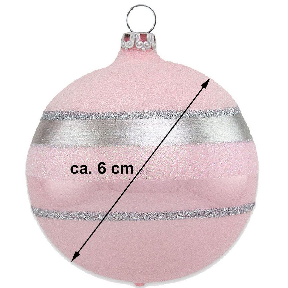 Thüringer Glasdesign Weihnachtsbaumkugel Ø 6 cm - Glitterstreifen Rosa Opal  (4 St), Mundgeblasen