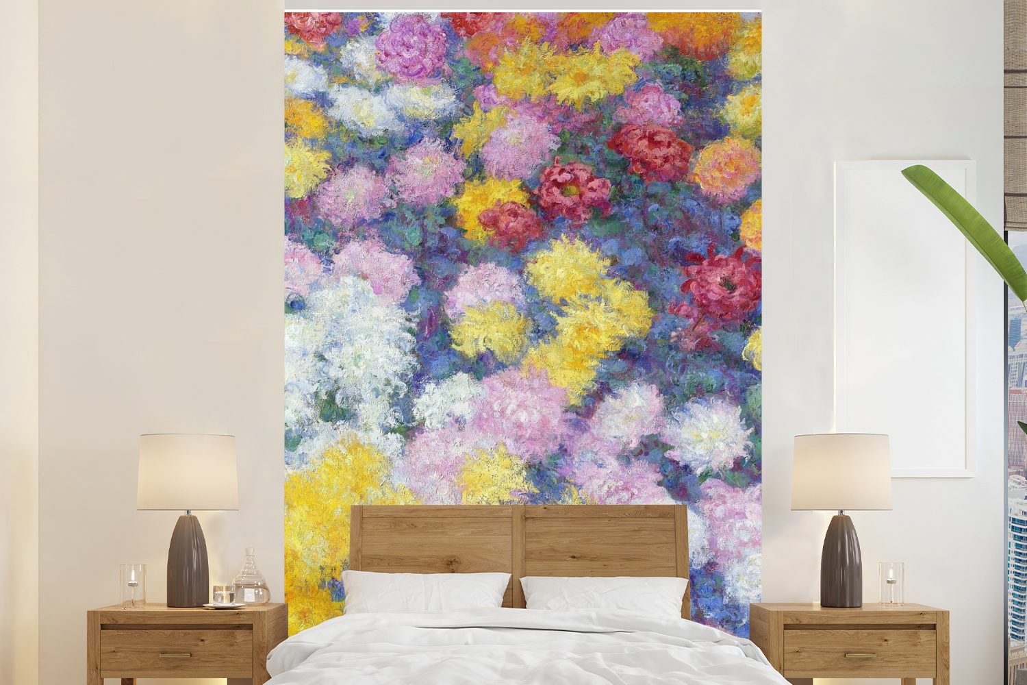 MuchoWow Fototapete Chrysanthemen - Gemälde von Claude Monet, Matt, bedruckt, (3 St), Montagefertig Vinyl Tapete für Wohnzimmer, Wandtapete