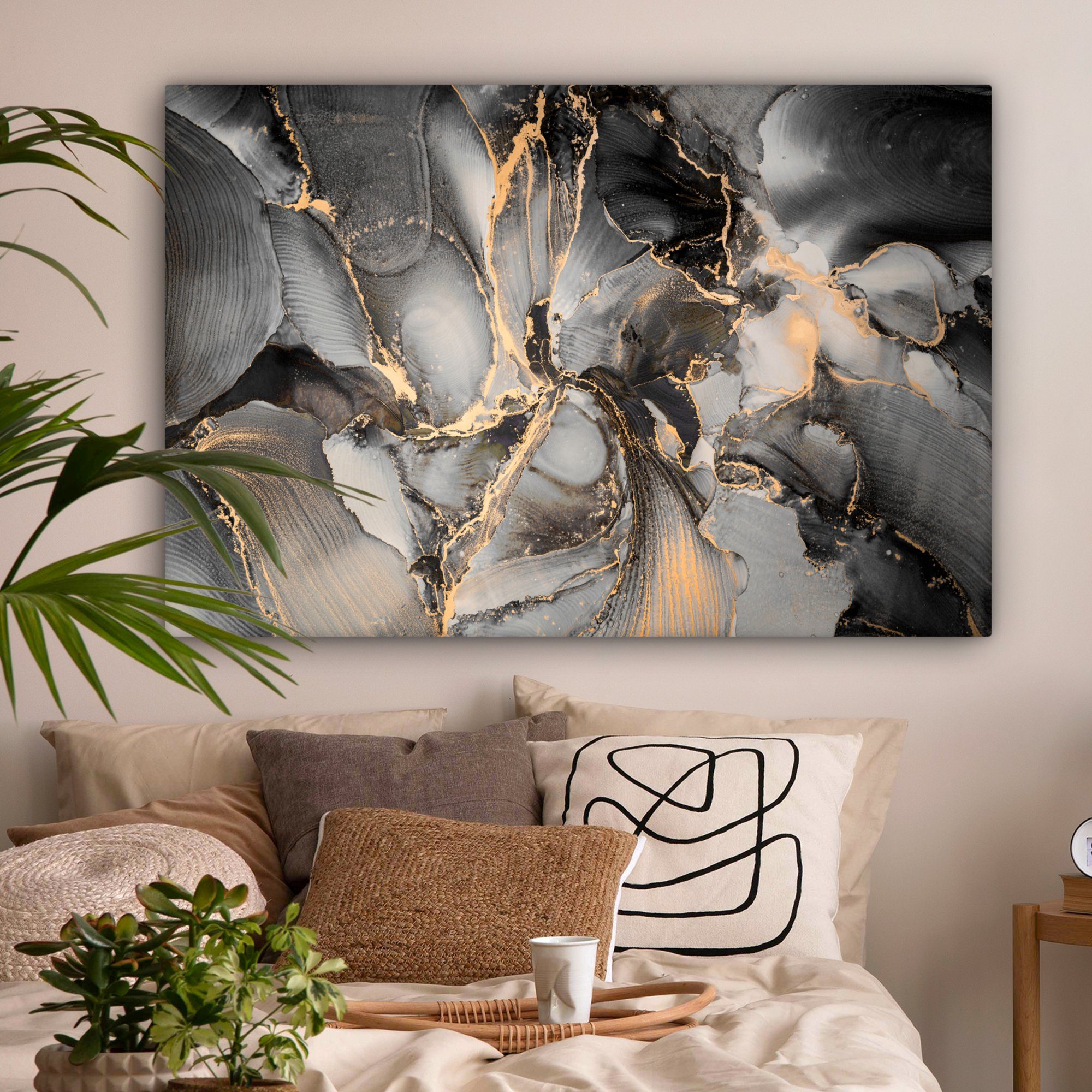 OneMillionCanvasses® Leinwandbild Grau - cm St), Marmor, für alle XXL, Wohnbereiche, (1 120x80 - Gold Gemälde, - großes, Wandbild Luxus