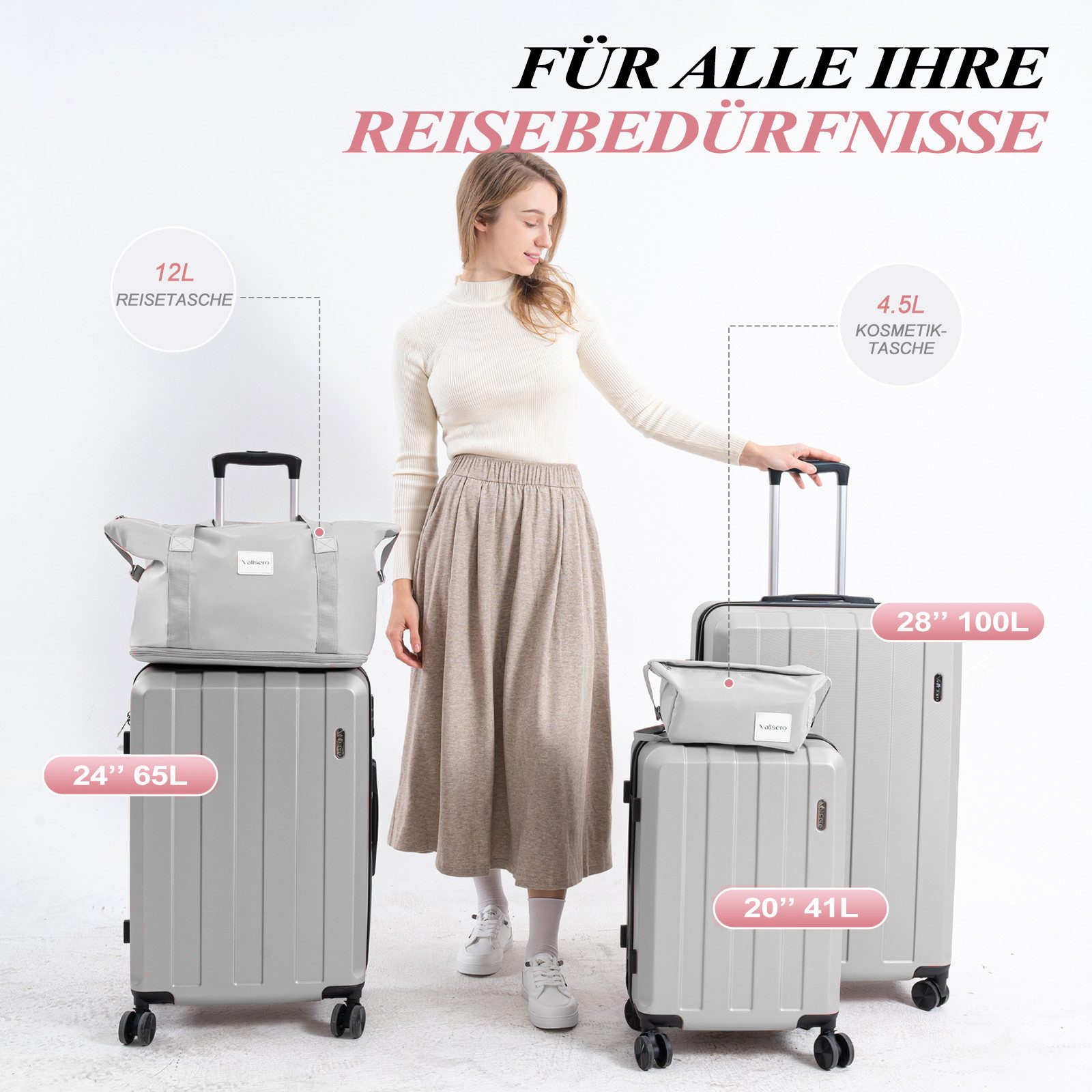 VALLSERO Trolleyset Koffer-Set( M,L,XL) Hartschalen-Koffer, Rollkoffer 5-teiliges Set, Handgepäck 4 Rollen, ABS-Material, Schwarz/Pink