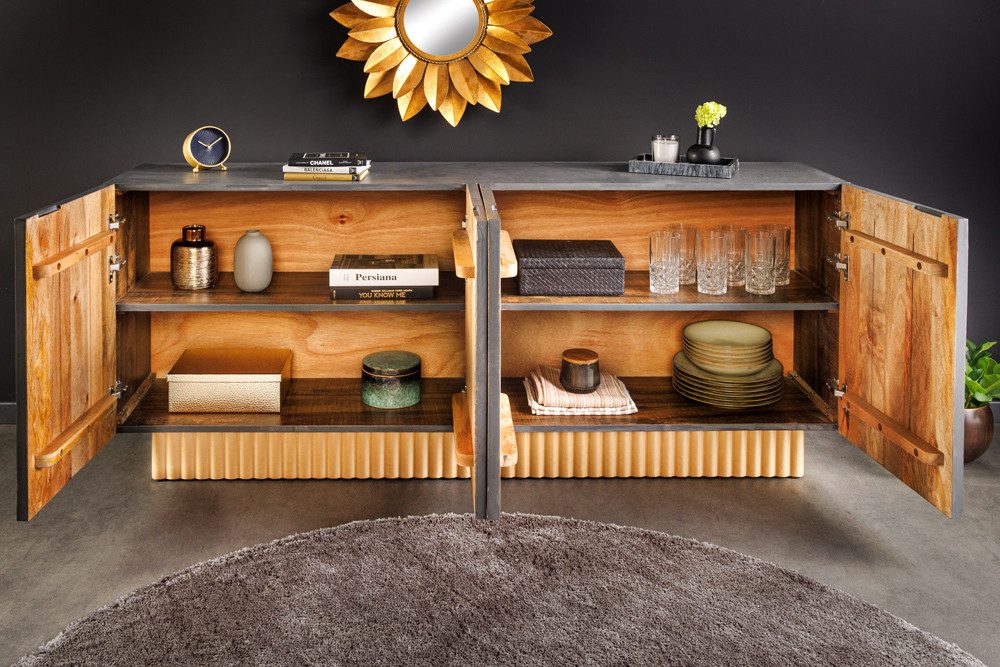 riess-ambiente Sideboard PIAZZA SAN MARCO 180cm grau / gold (Einzelartikel, 1 St), Mango-Massivholz · mit Stauraum · 3D Design · handmade · Wohnzimmer – Bild 3 von 5