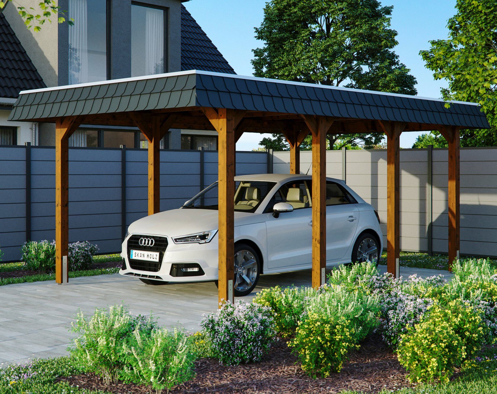 Spreewald, Flachdach-Carport Einfahrtshöhe, Skanholz BxT: 206 345x589 cm Aluminium-Dachplatten Einzelcarport cm, mit