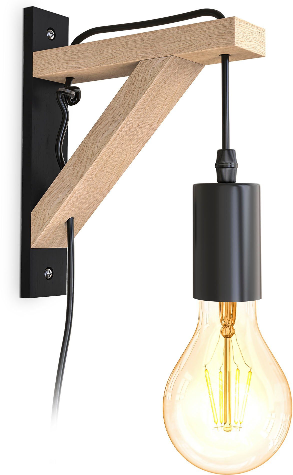 B.K.Licht Wandleuchte BKL1352 Holz-Wandlampe innen, Schwarz, Metall,  Landhausstil, ohne Leuchtmittel, 1-flammig mit Schalter, E27-Fasssung, ohne  Leuchtmittel