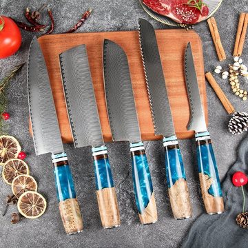 KingLux Messer-Set 5tlg.Damast Küchenmesser Chef Santoku Brot Ausbeinmesser (5-tlg)