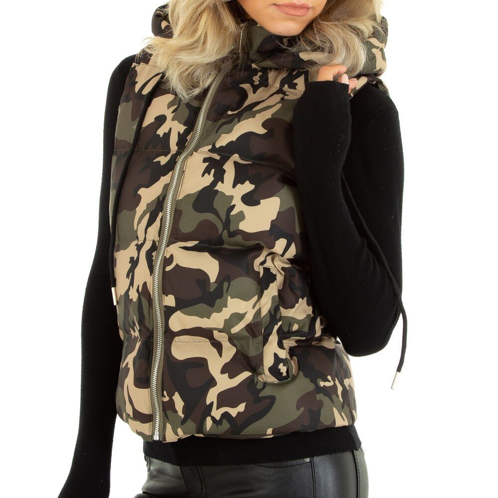 Ital-Design Longweste Damen Freizeit Kapuze Animal Print Gefüttert Winterjacke in Grün Grün, Braun