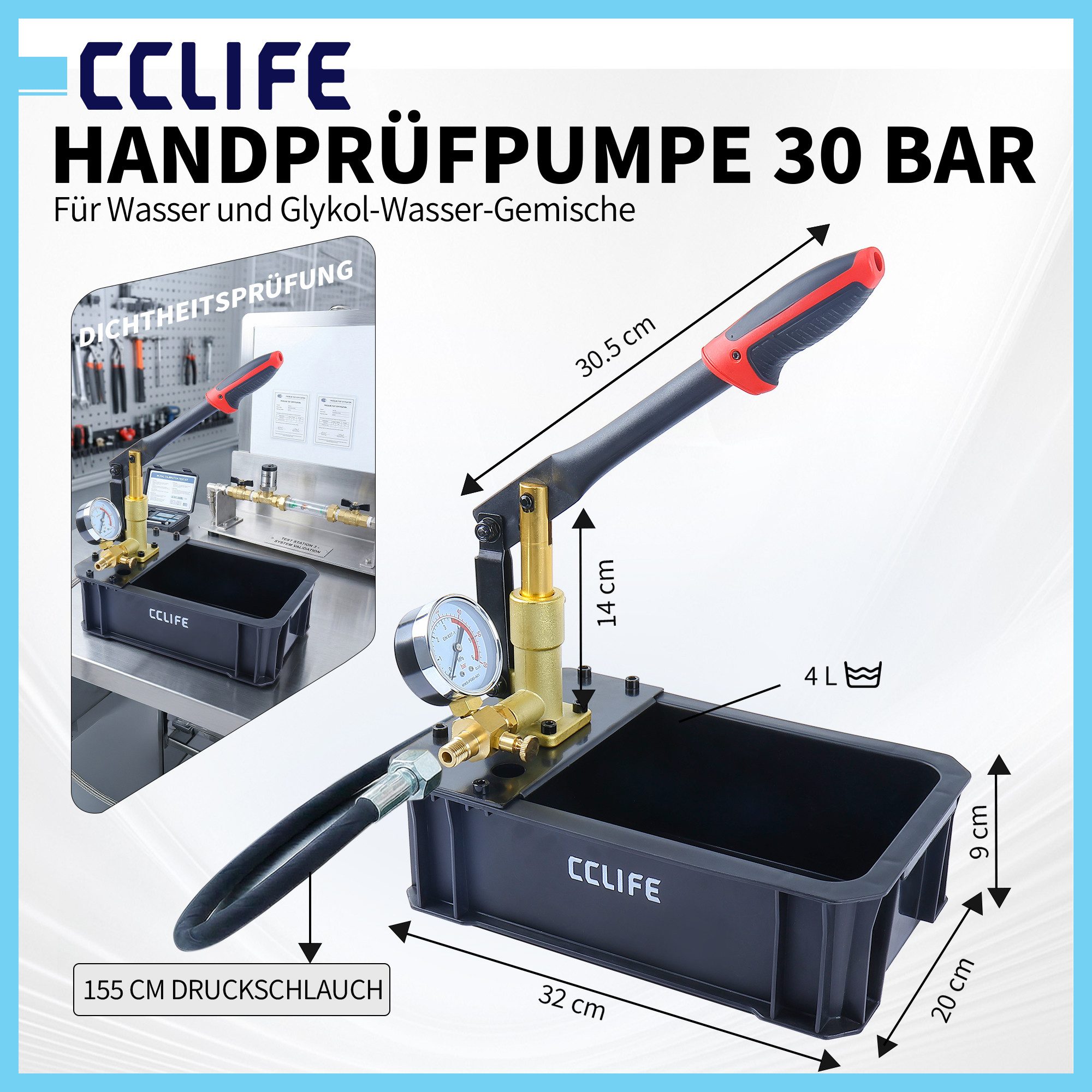 CCLIFE Handpumpe CCLIFE Manuelle Abdrueckpumpe 0 30Bar 4L Wassertank fuer Lecktest