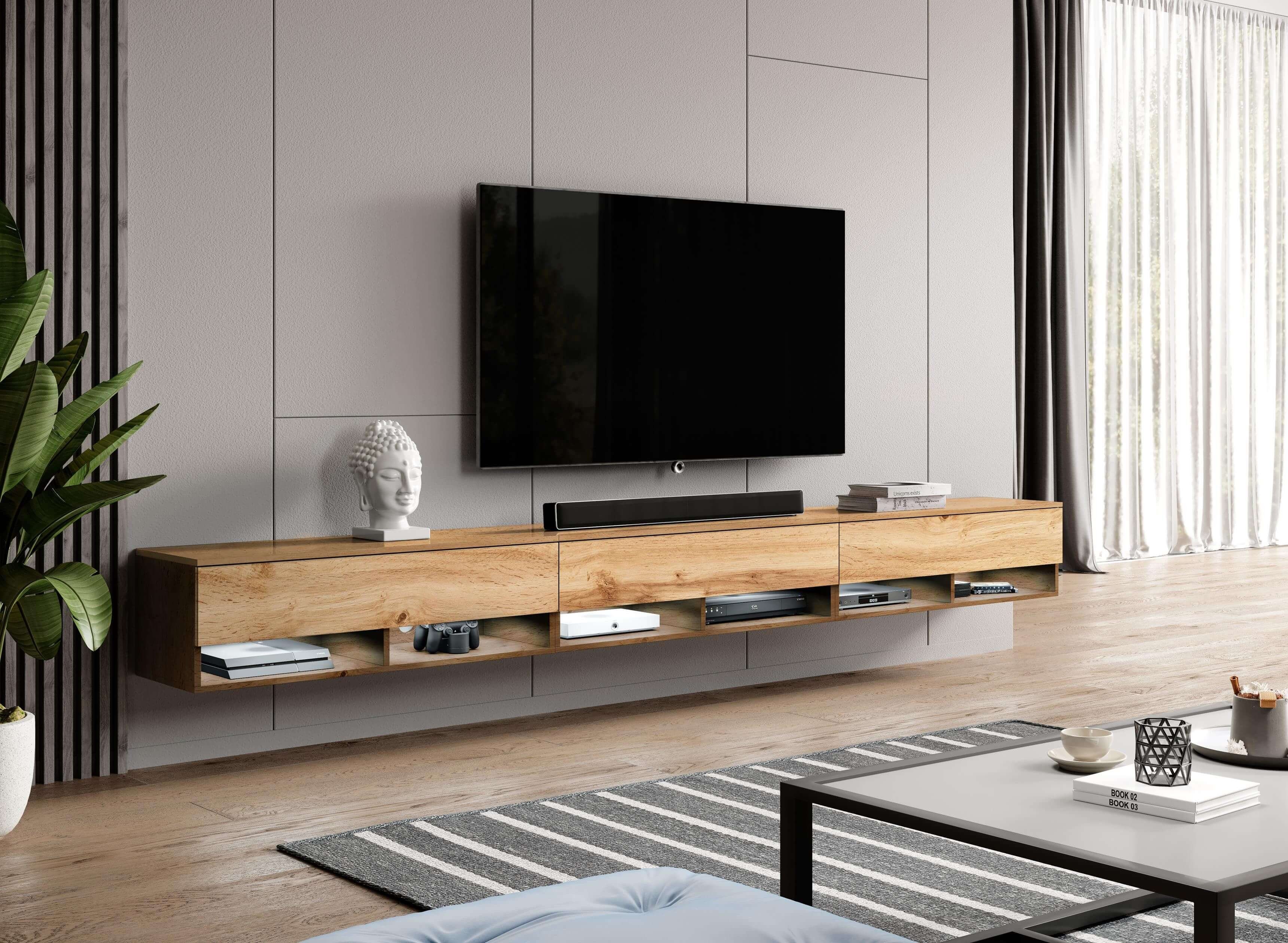 Furnix TV-Schrank ALYX 300 cm Lowboard TV-Kommode mit 3 Türen ohne LED B300 x H34 x T32 cm Wotan/Wotan