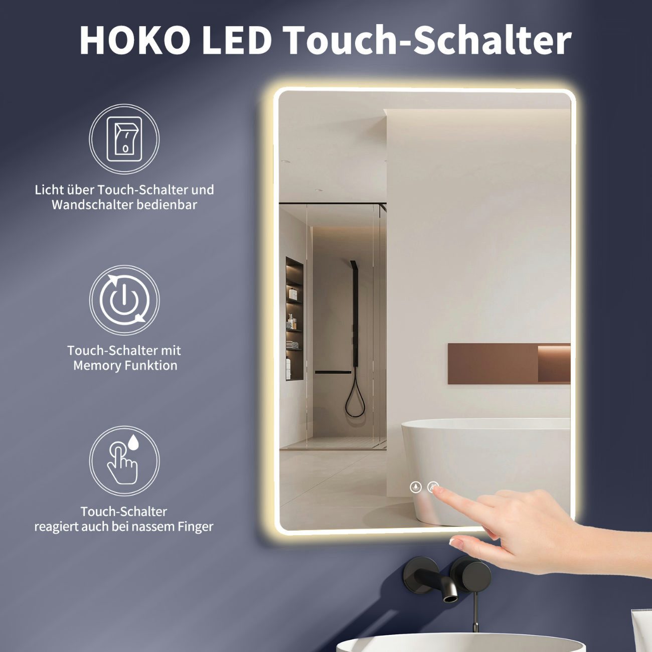 HOKO Badspiegel Antibeschlag LED 50x70 / 60x80 / 70x100 cm mit Metallrahmen (HOCH+QUER Montage. Touch Schalter+Licht Wechsel 2700-6500K, Warmweiß-Kaltweiß-Neutral. Licht mit Touch Schalter und mit Wandschalter einschaltbar, Memory-Funktion. IP44, 5mm HD Glass)