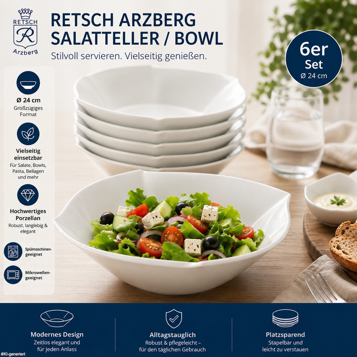 Retsch Arzberg Salatteller & Bowl-Teller aus Porzellan Ø 24 cm, (6 St), Große Tiefe-Teller für Bowls, Pasta, Beilagen & Dessert