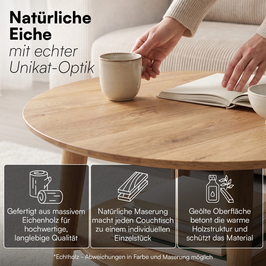 skølm Couchtisch Mjölnir aus Eiche Massivholz (Natur geölt), Wohnzimmertisch Ø70 cm mit 2 Ablagen, auch in oval erhältlich
