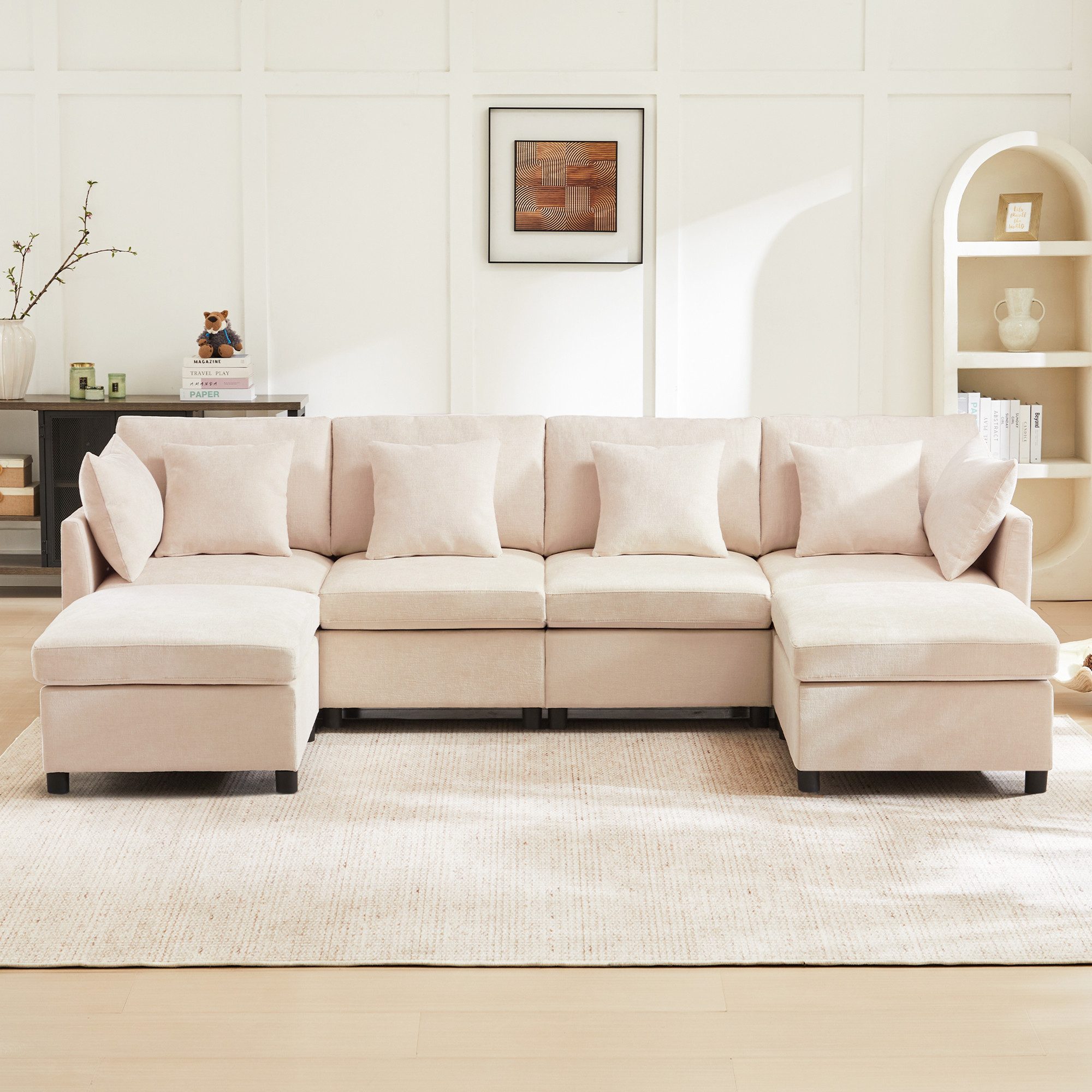 Merax Ecksofa U-förmiges Sofa aus Chenille-Stoff, 1 Teile, Modulares Couch Chenille-Sofa mit 2 abnehmbarem Fußhocker und 6 Kissen