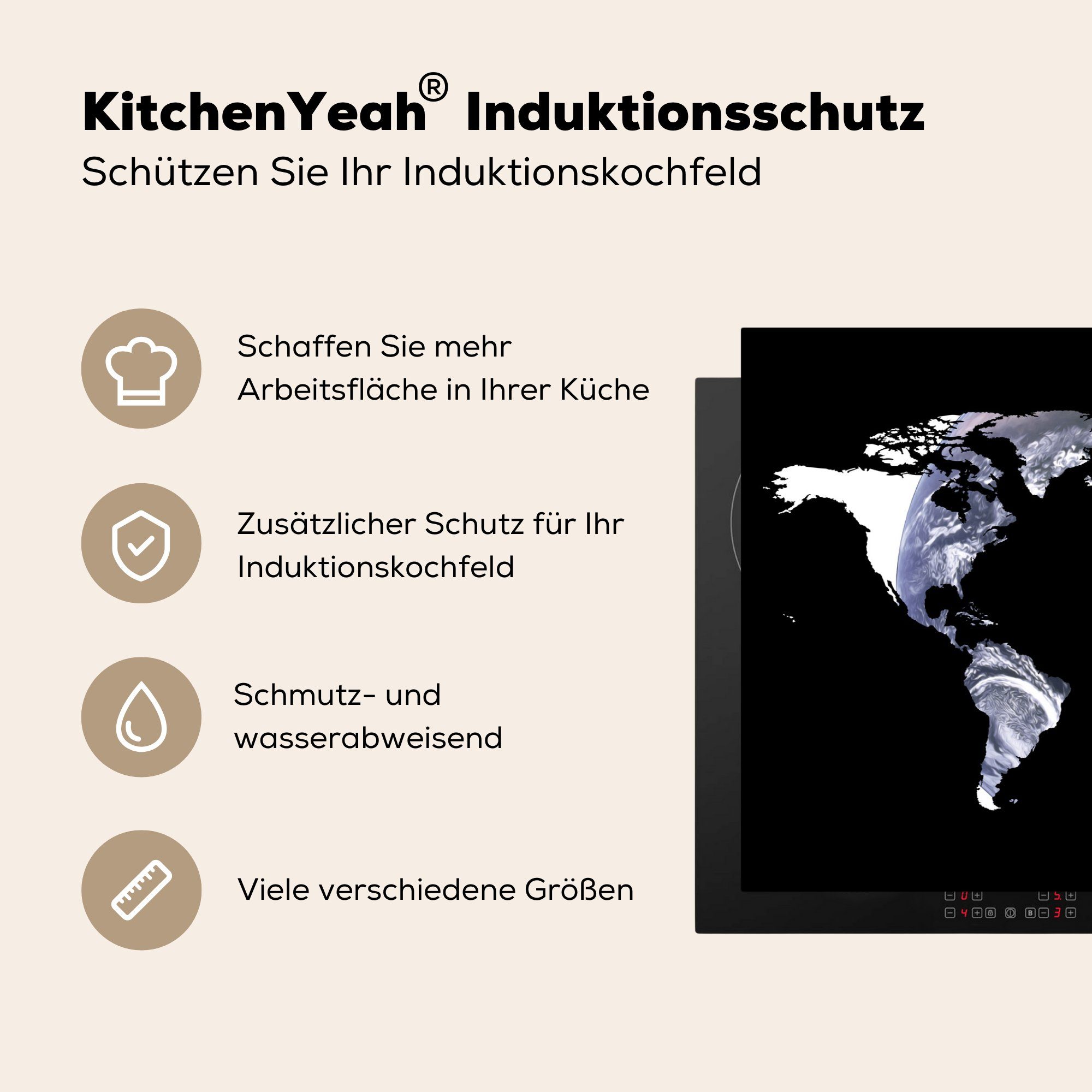 Weltkarte Schwarz (1 cm, für MuchoWow die Globus, Vinyl, Induktionskochfeld 81x52 Ceranfeldabdeckung - - Weiß küche, Schutz tlg), Herdblende-/Abdeckplatte -