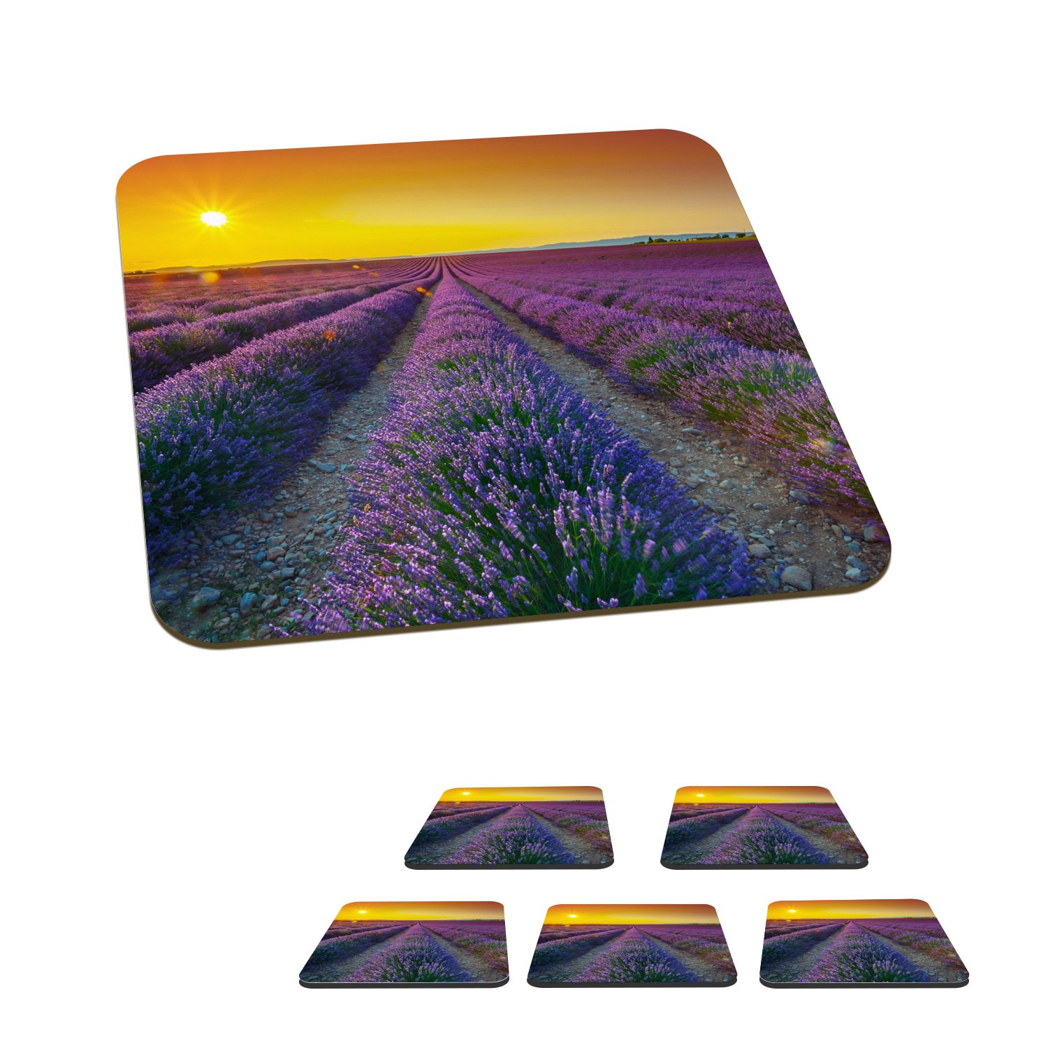 MuchoWow Glasuntersetzer Oranger Sonnenuntergang über einem Feld voller Lavendel, Zubehör für Gläser, 6-tlg., Glasuntersetzer, Tischuntersetzer, Korkuntersetzer, Untersetzer, Tasse