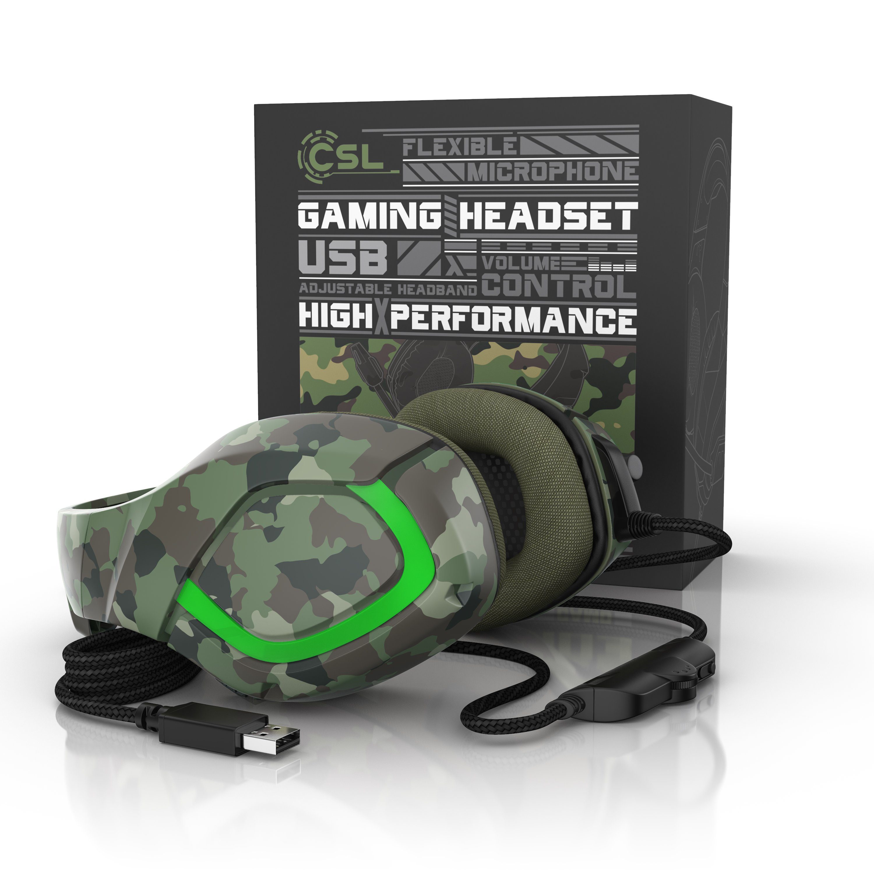 CSL USB "GHS-103" mit Mikrofon, Kopfhörer für PC, PS4 / 4 Pro Gaming-Headset (Gaming Headset kabelgebunden, Over-Ear Kopfhörer, Camouflage Design)