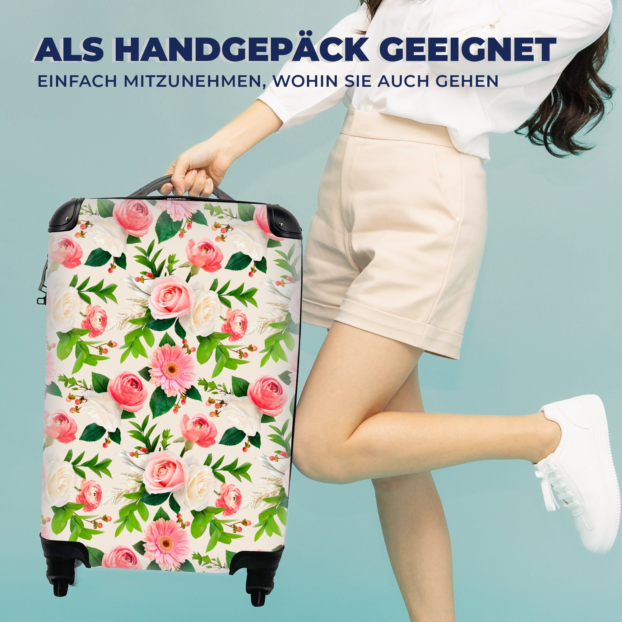 Rosen Rollen, MuchoWow - rollen, Handgepäckkoffer - für Trolley, Rosa, Blumen Reisekoffer mit Reisetasche Handgepäck Ferien, 4