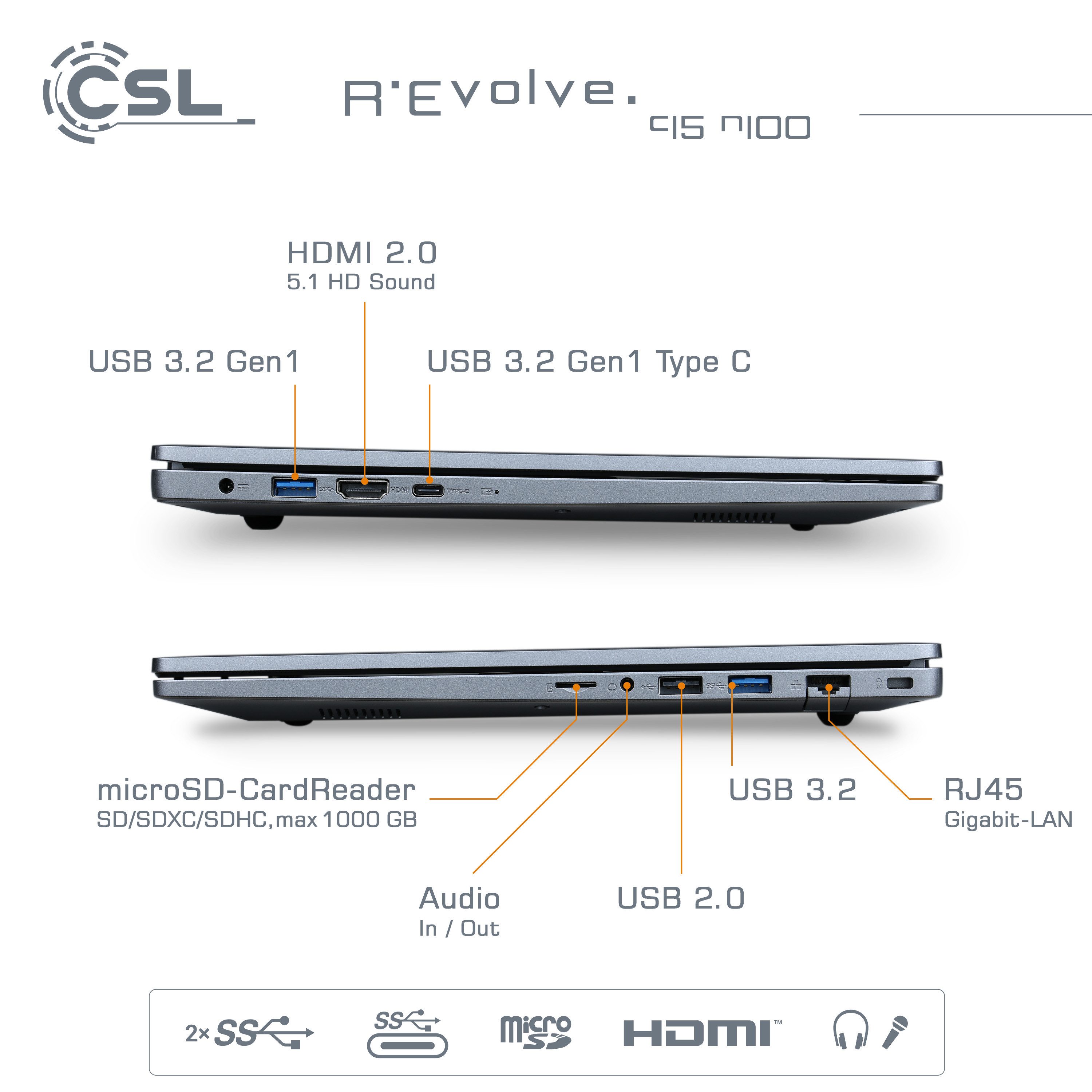 CSL R'Evolve C15 v4 Windows 11 Notebook (39,6 cm/15,6 Zoll, Intel N-Reihe N100, UHD Graphics, 8 GB, 1000 GB SSD)