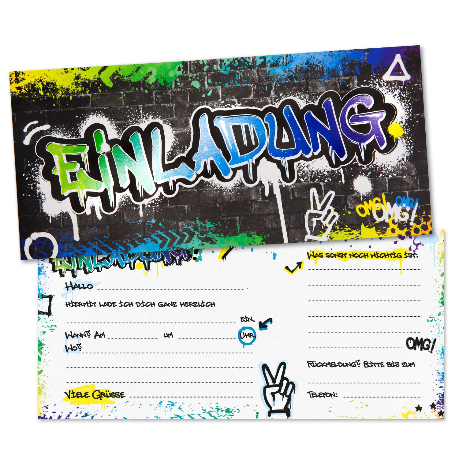 younikat Einladungskarten 15 Graffiti Einladungskarten mit effektvollem Hochglanz Lack 21x9,8 cm