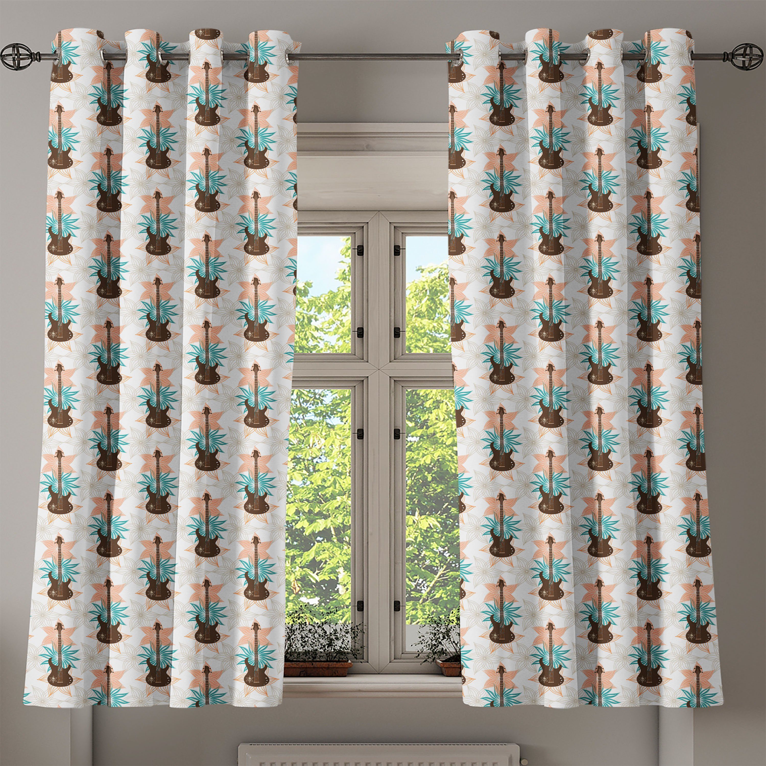 2-Panel-Fenstervorhänge Abakuhaus, Gardine für Dekorative Grunge Wohnzimmer, Blumen Gitarre Schlafzimmer Bass