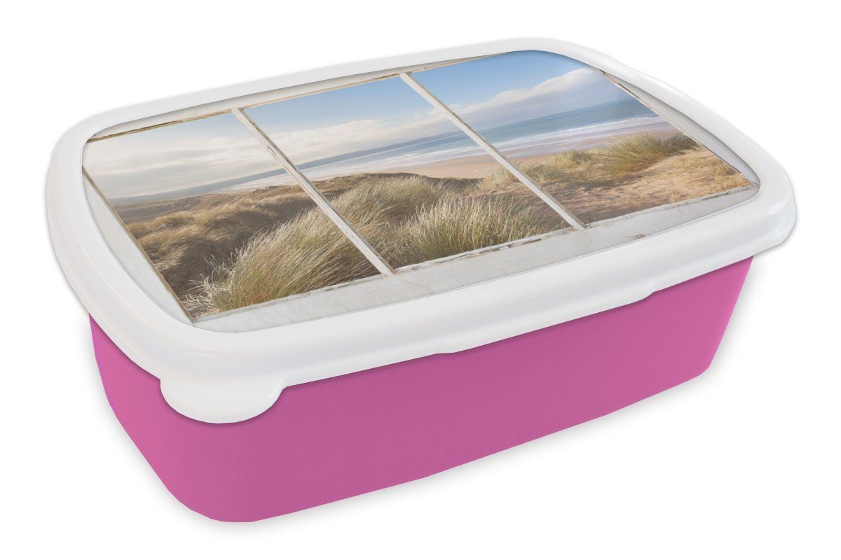 MuchoWow Lunchbox Aussicht - Strand Kinder, (2-tlg), für Snackbox, rosa Brotbox Mädchen, Kunststoff, - Brotdose Meer, Kunststoff Erwachsene