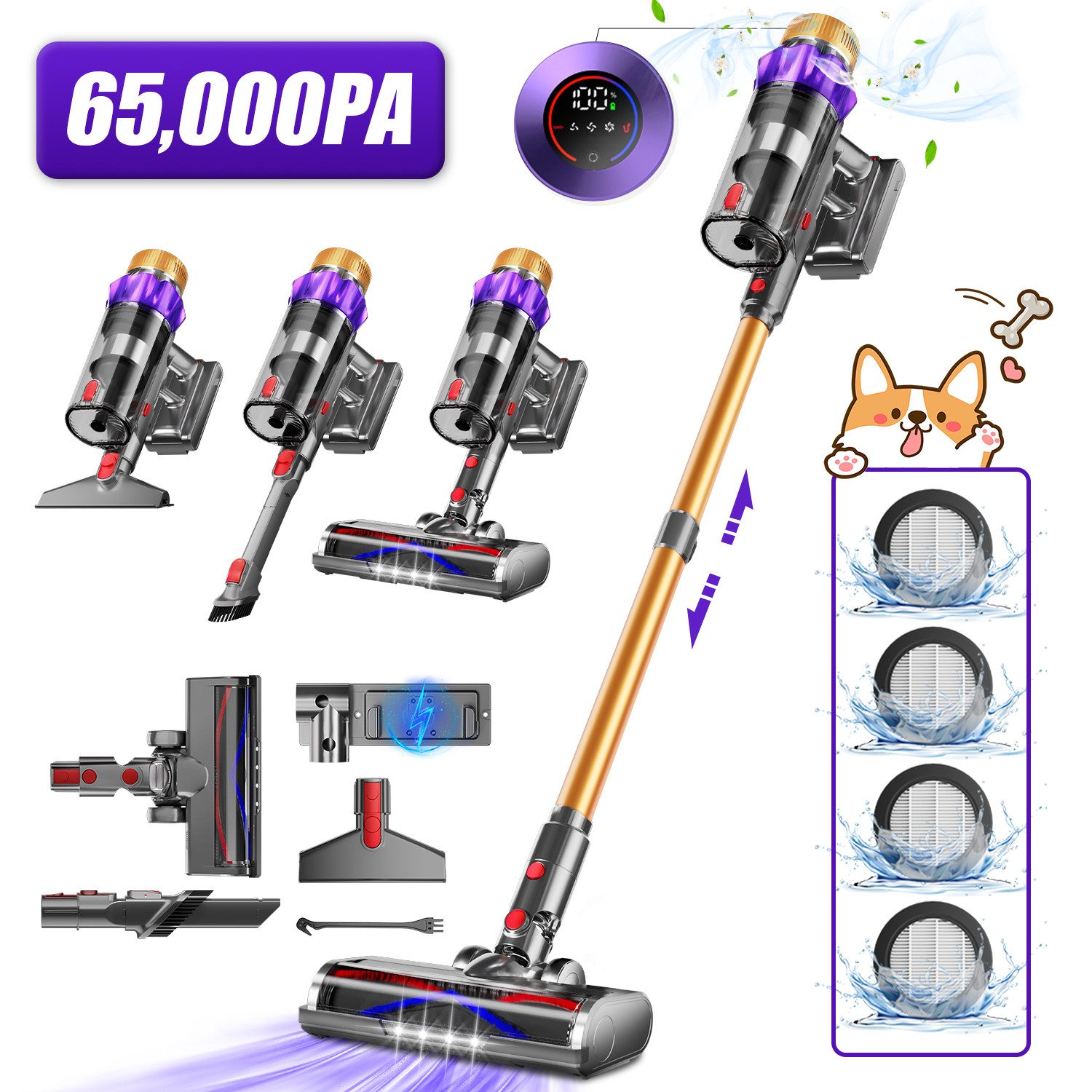 Akku-Hand-und Stielstaubsauger Akku Staubsauger, 65000Pa/550W/70Min/1.8L Kabelloser Staubsauger