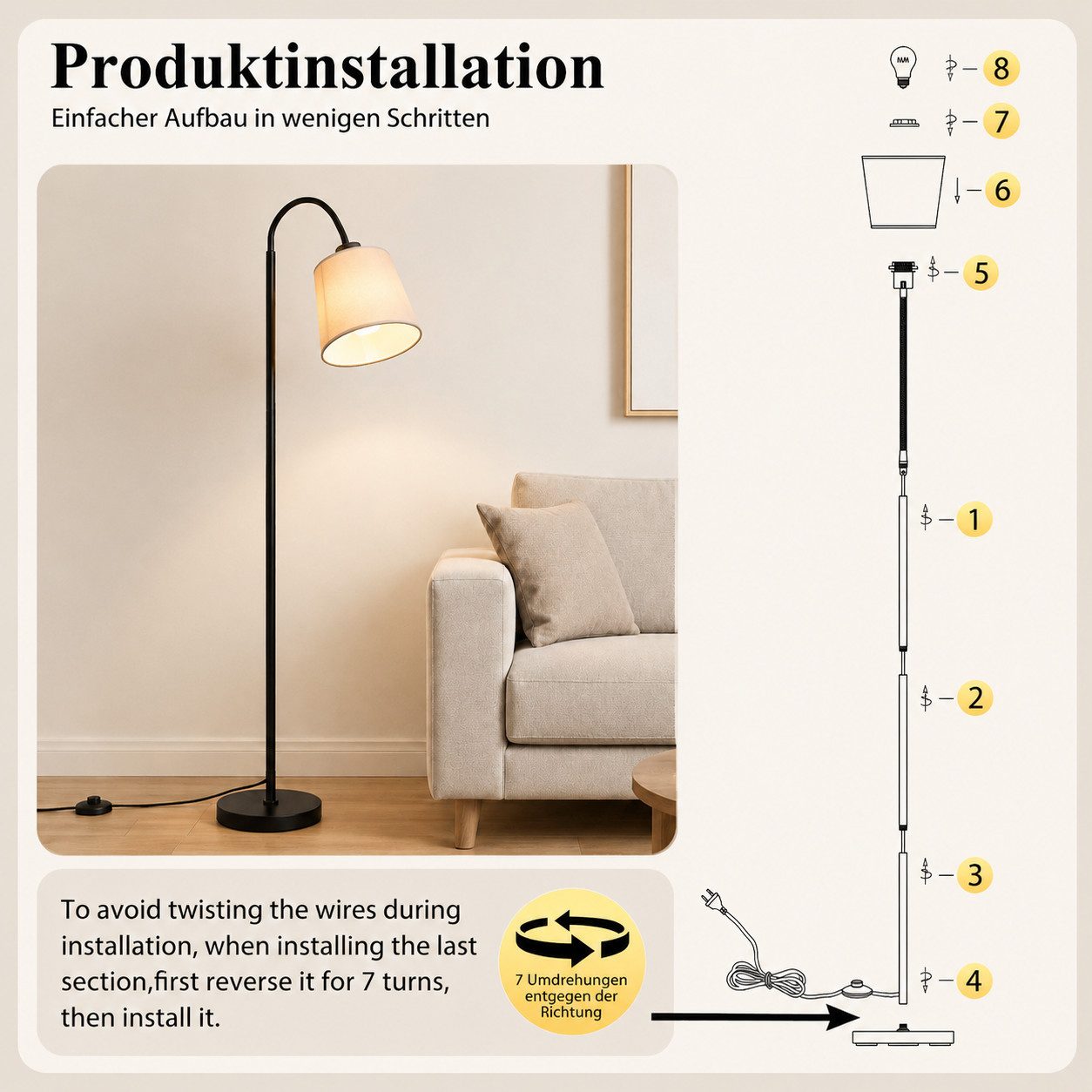 Nettlife Stehlampe Schwarz Beige Stoff stehleuchte drehbarem Lampenschirm Moderne E27, ohne Leuchtmittel, Fassung 360° drehbarem Lampenschirm für Wohnzimmer Sch – Bild 5 von 5