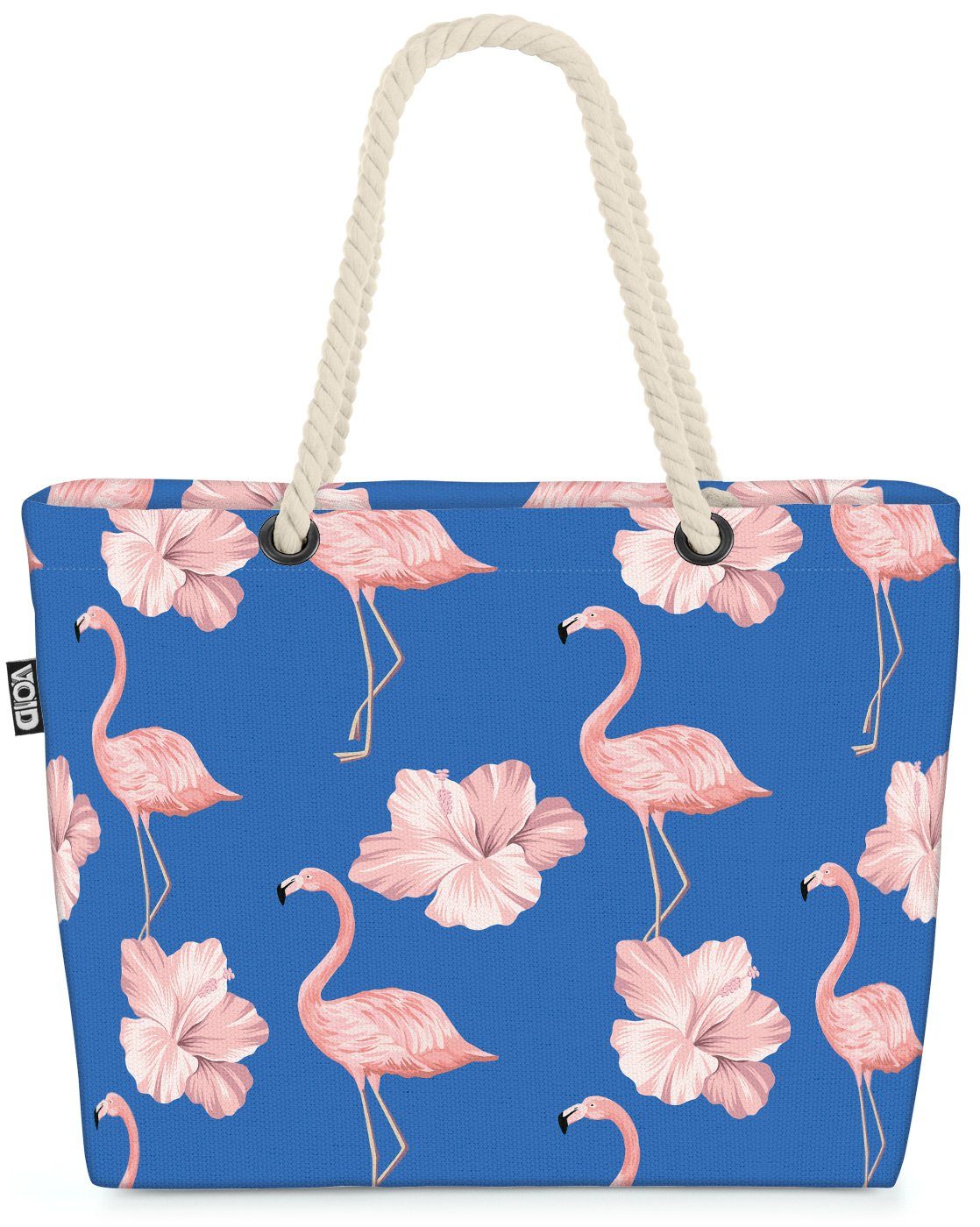 VOID Strandtasche (1-tlg), Flamingos Sommer Hibiskus Beach Bag Tropen-Wald Blumen-Muster Vogel Blau Süd