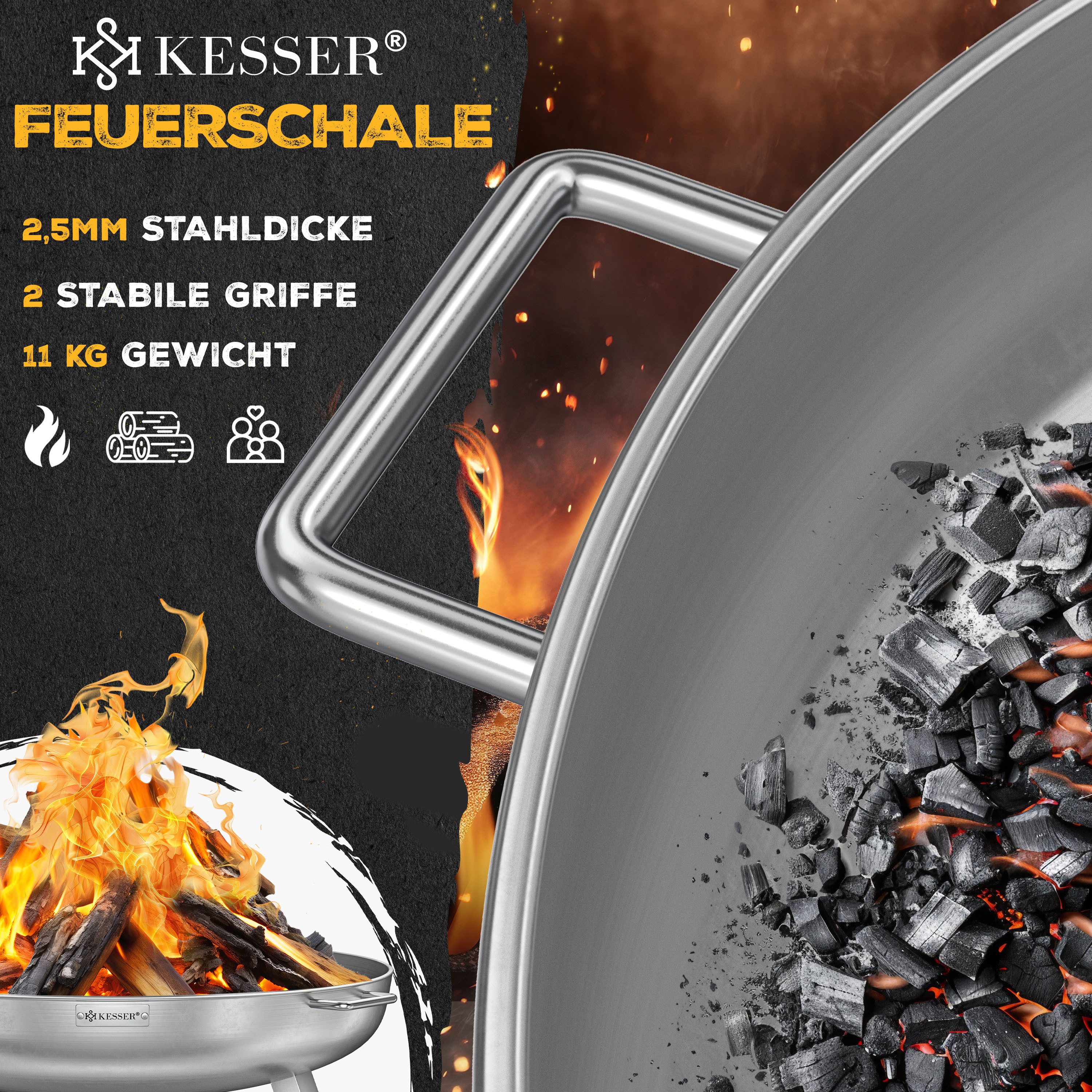 KESSER Feuerschale Feuertonne mit 2,5mm Stahldicke Feuerstelle, (Feuerkorb inklusive Feuerhaken + Wasserablauf), Feuerstelle massives Gusseisen 2 stabile Griffe