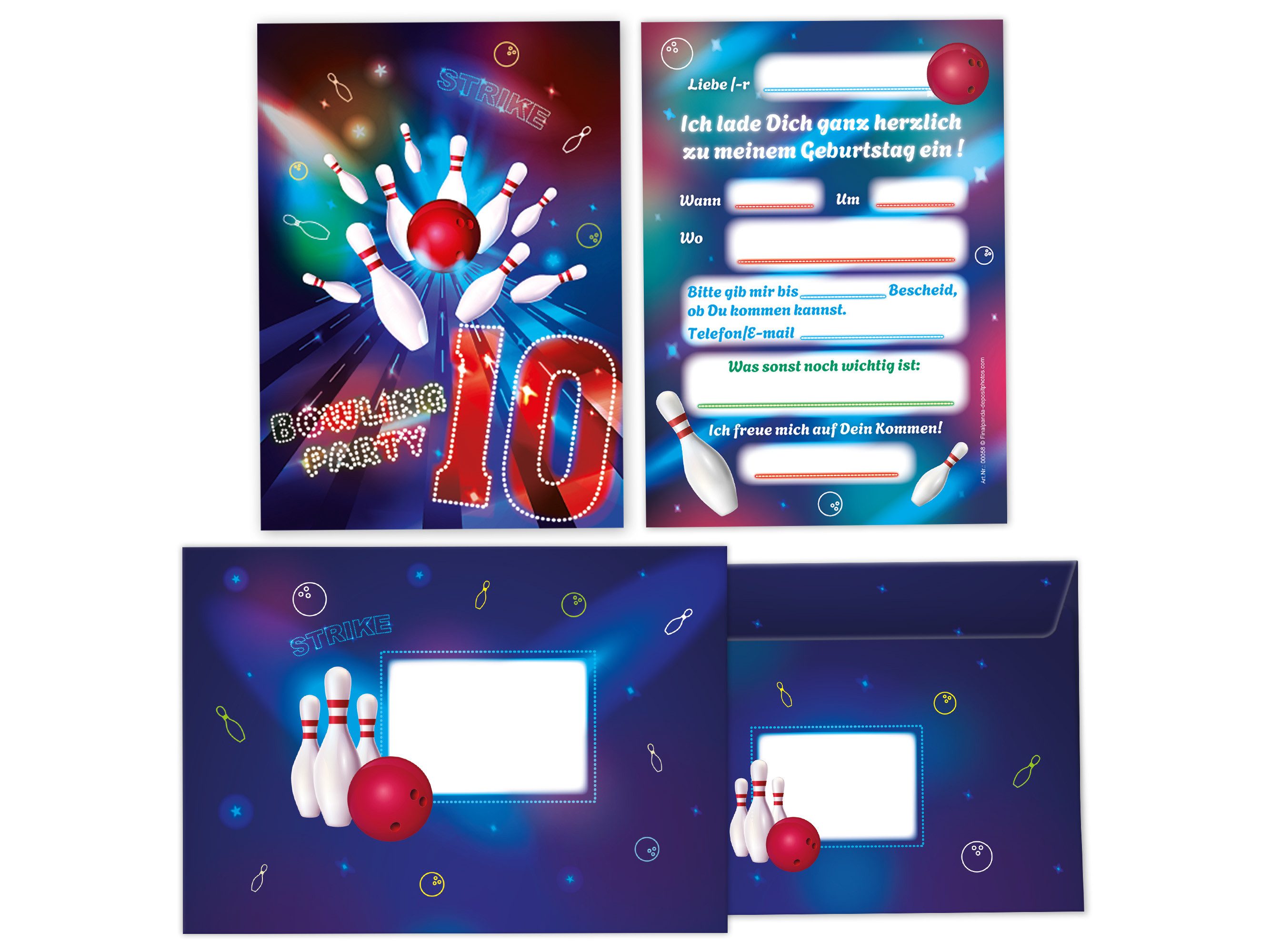 Einladungskarten Bowling zum 10. Geburtstag Mädchen Jungen Einladungen mit Umschlägen