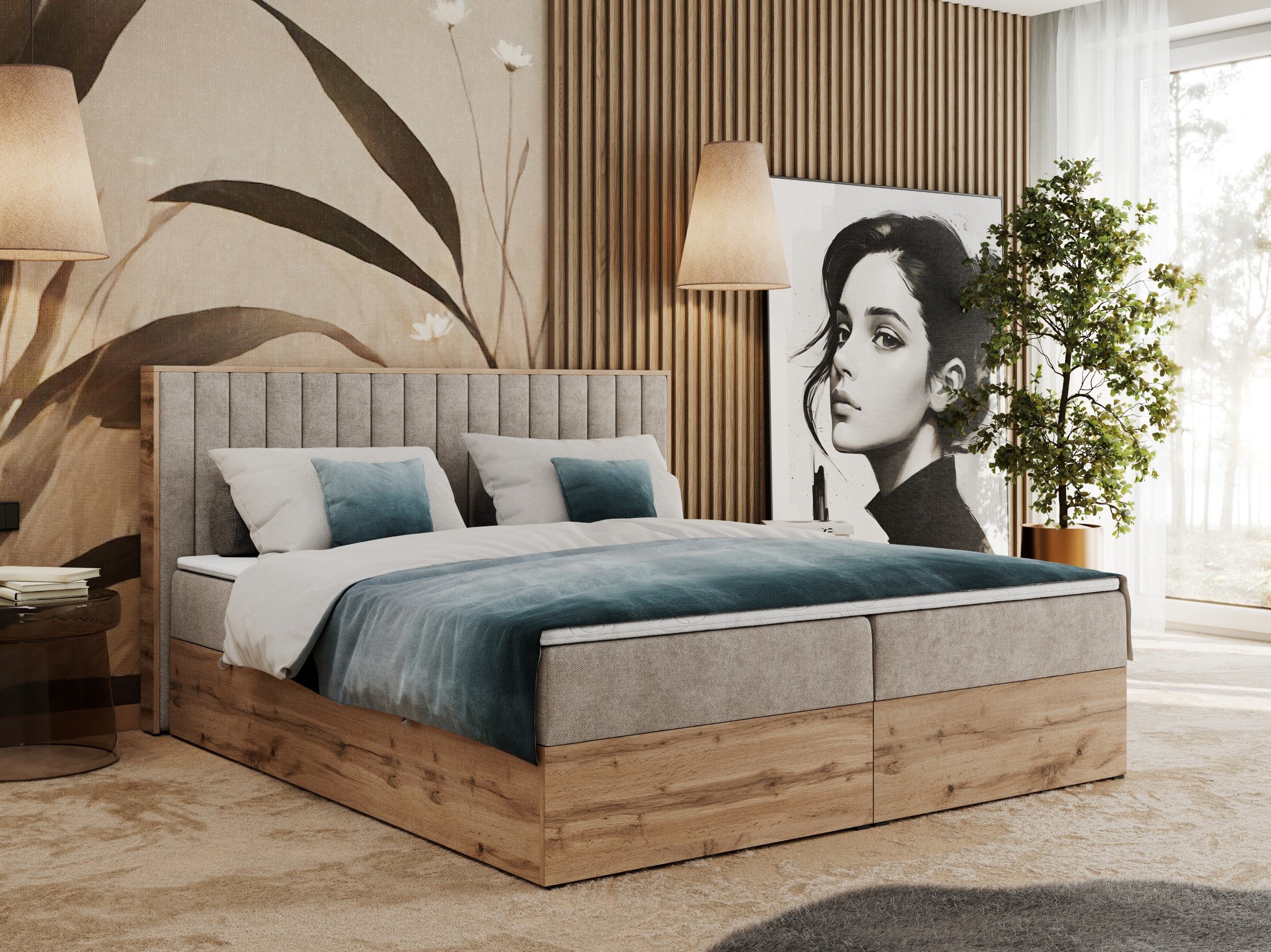 MKS MÖBEL Boxspringbett ALBERO 4 (Set, Packung, Kopfteil, Topper T25/Visco, Bettkästen, T30-Schaum, Polsterbett), mit Bettkasten, Doppelbett mit Kopfstütze, Möbelplatten, Matratze