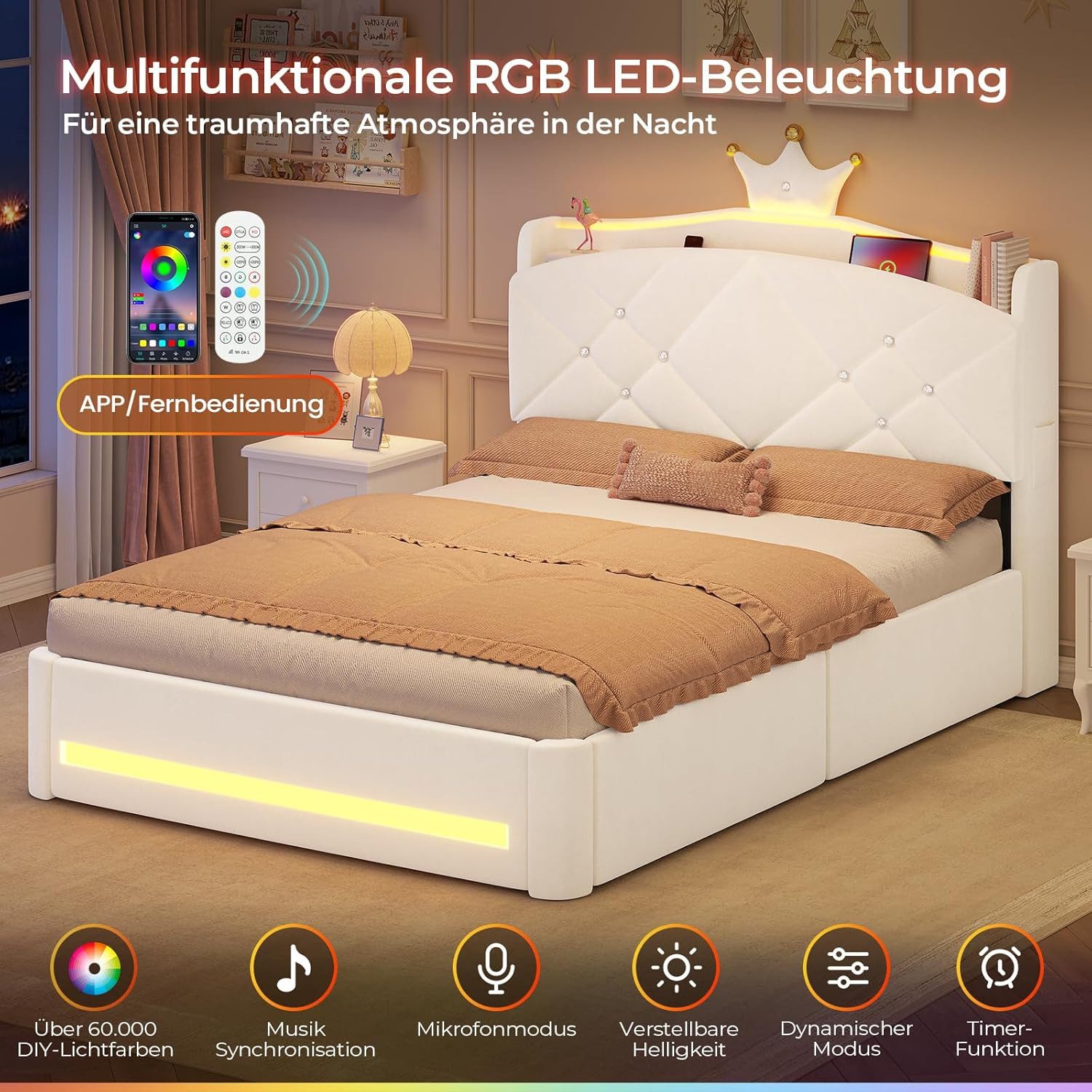 MSMASK Kinderbett im Kronen-Design mit LED-Beleuchtung, Ladestation und 2 Schubladen (Ohne Matratze), Polsterbett Jugendbett Prinzessinnenbett 140 x 200cm – Bild 4 von 5