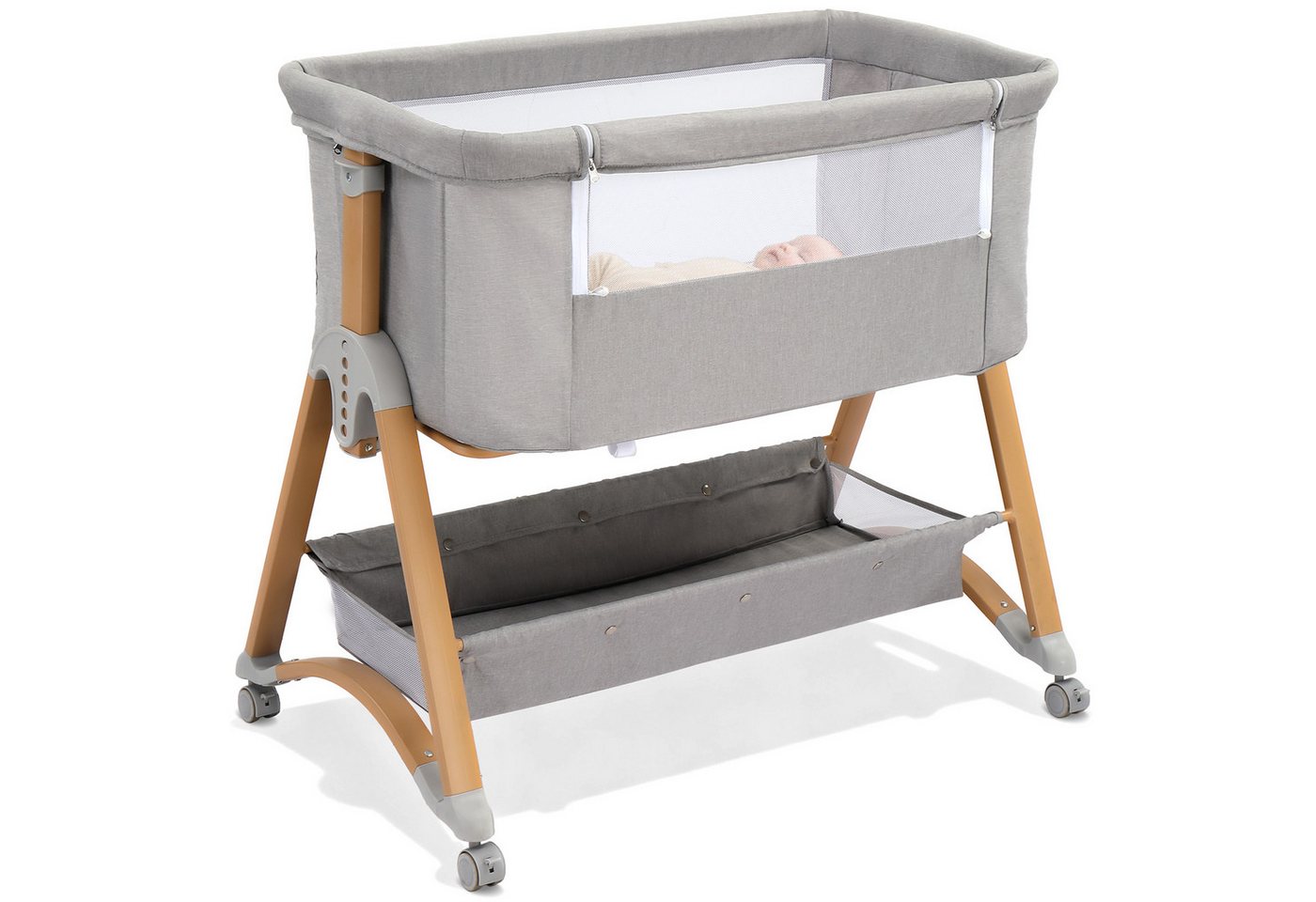 LALAHO Baby-Reisebett 5-in-1 Beistellbett Babywiege, Höhenverstellbares Babybett, mit Matratze, 360° Atmungsaktives Netz, Schaukelmodus & Stauraum