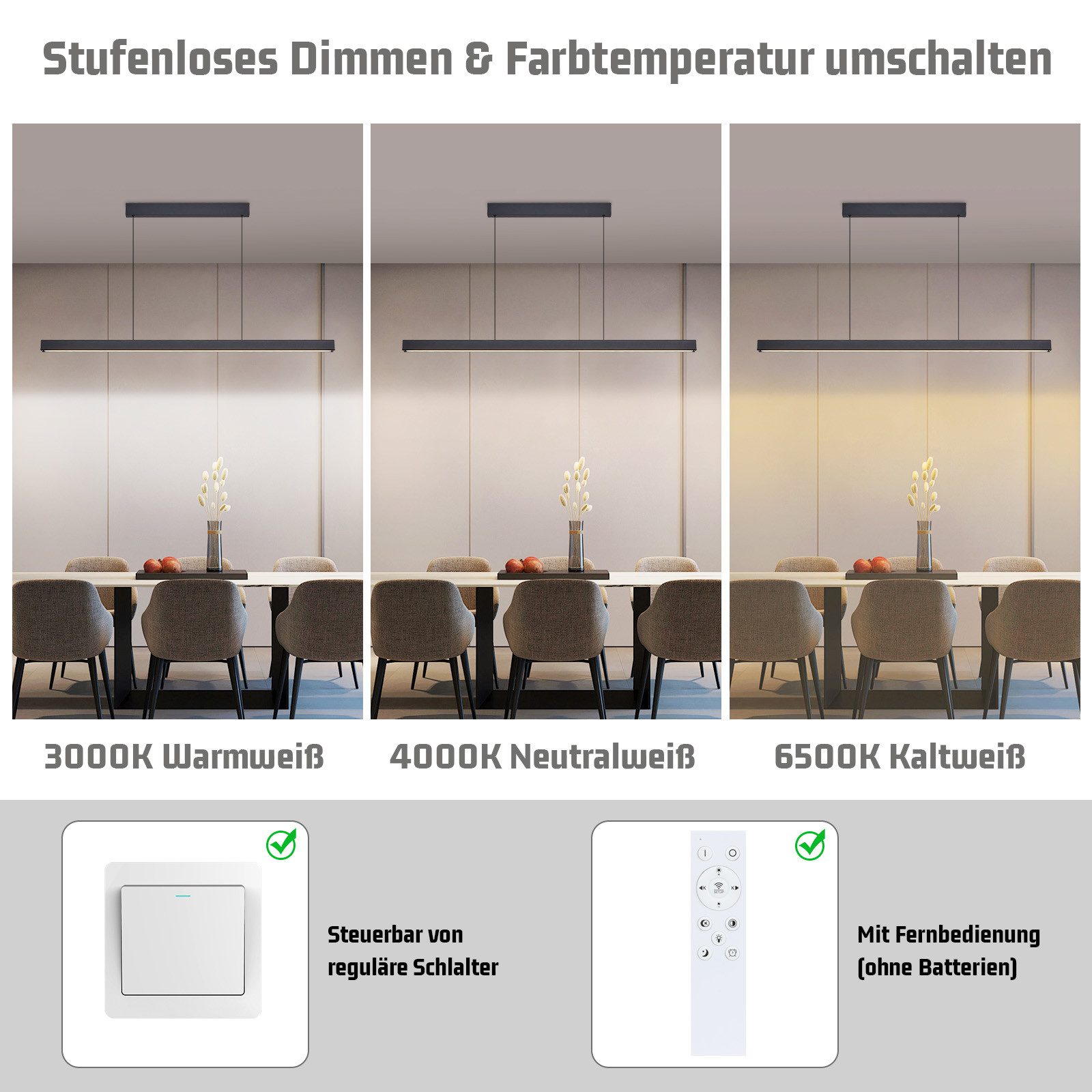 ZMH Pendelleuchte Esszimmer 108/148 CM Schwarz Linear Pendellampe 37W Dimmbar Küche, Augenschutz, Einfache Installtion, LED fest integriert, 3000-6500K, mit Fernbedienung Modern Hängeleuchte Wohnzimmer