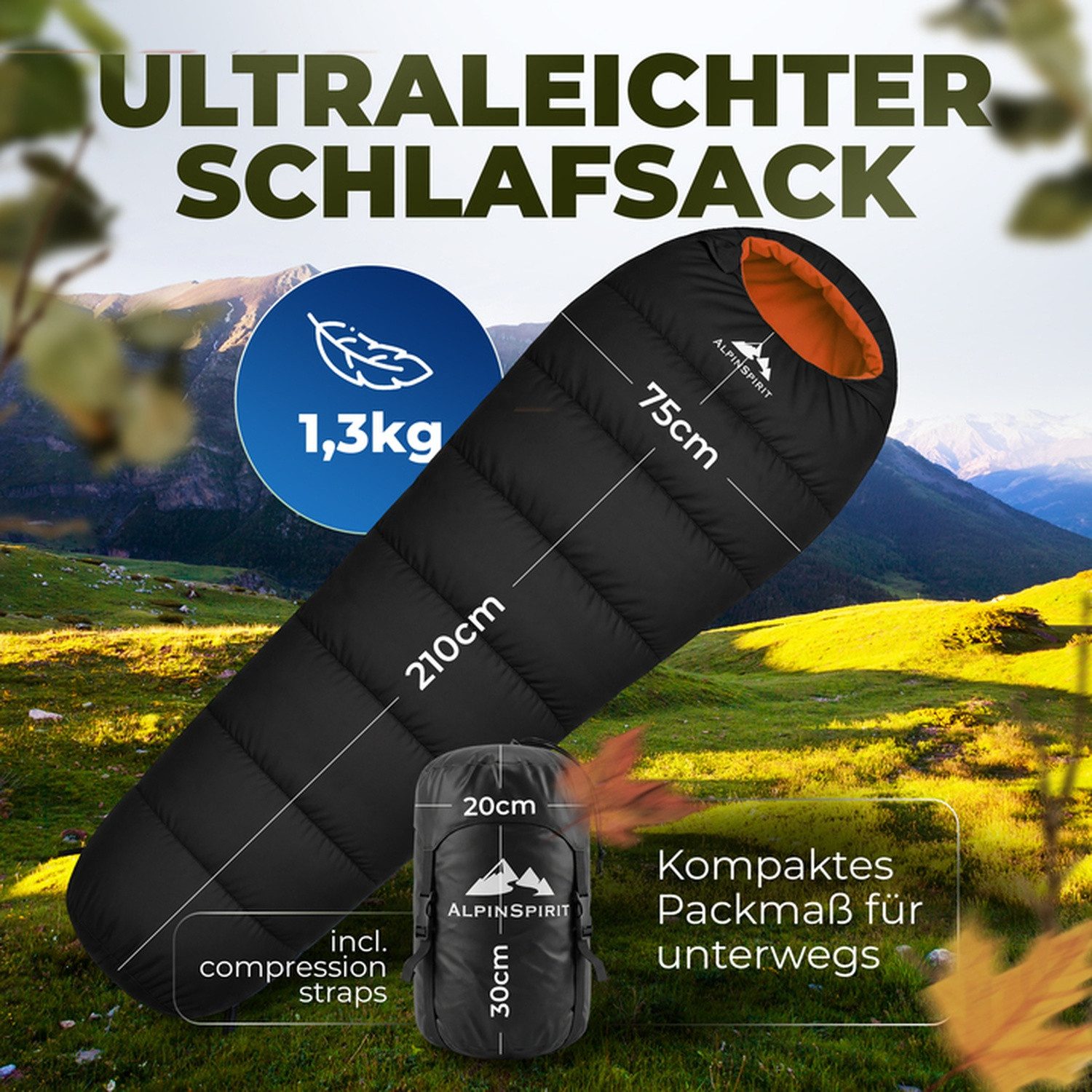 AlpinSpirit Mumienschlafsack [Ultraleicht] 3 Jahreszeiten Sommer & Winter, Packmaß, 210x75 cm (Festival, Trekking, Outdoor, Camping), 2 Wege Reißverschluss, 3 Jahreszeiten, Wasserabweisend