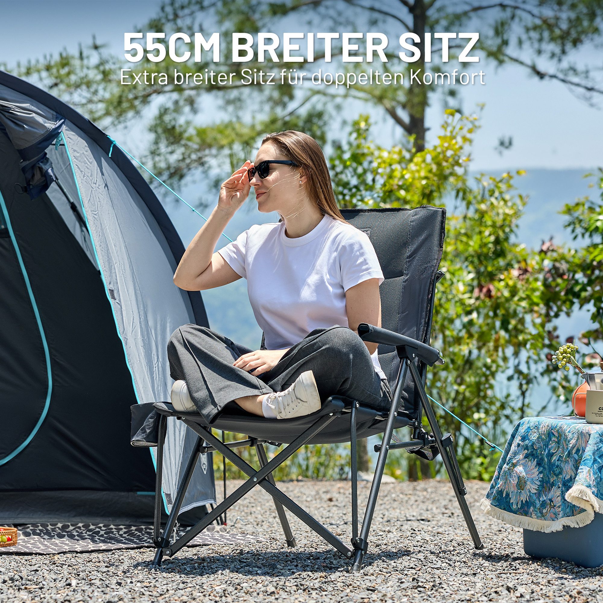 TIMBER RIDGE Campingstuhl Faltbar Breiter Sitz 55cm Leicht Klappstuhl 150kg Belastbar (2 St), 55×48×102cm, schwarz – Bild 4 von 5