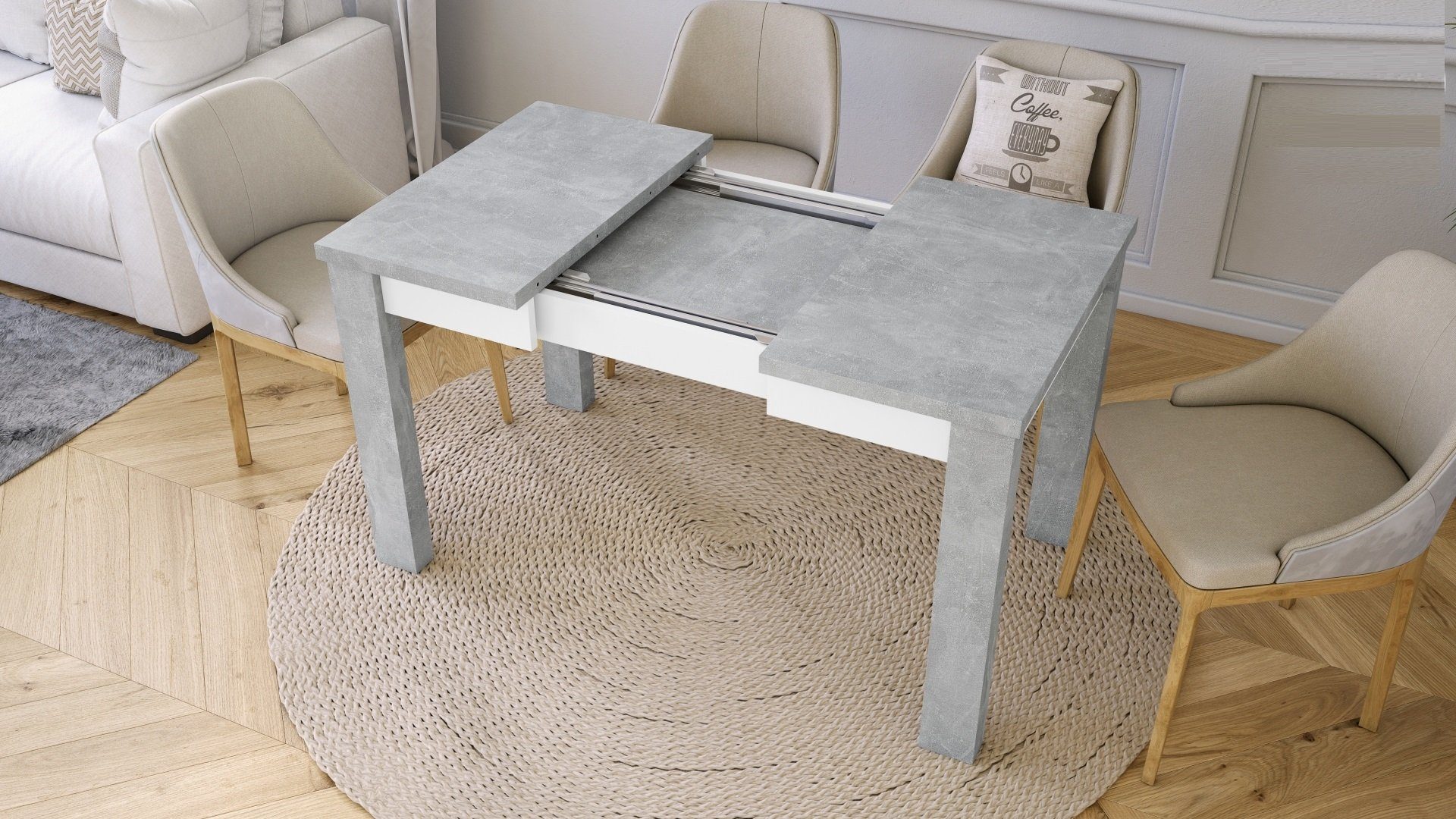 130 cm designimpex 85 Tisch Esstisch / bis Esstisch ausziehbar Beton matt Weiß Design Fonte