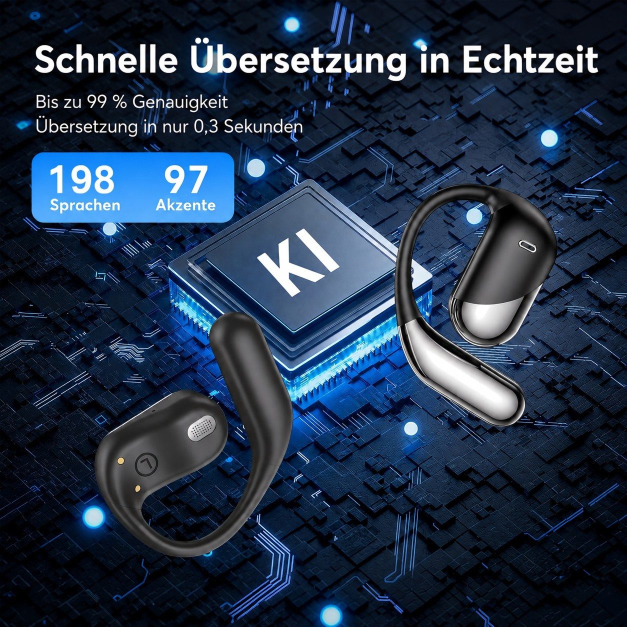 Futicare KI-Übersetzungskopfhörer mit GPT-Modell, Kopfhörer mit Übersetzung, Open-Ear-Kopfhörer (mit Echtzeitübersetzung, 198 Sprachen, ohne Abo, Bluetooth Kopfhörer für Reisen & Meetings)