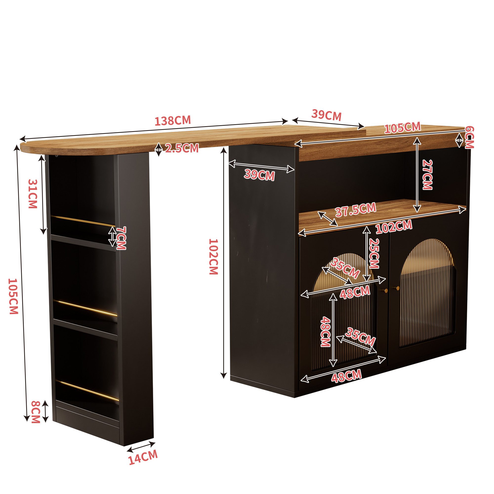 KLAM HOME Bartisch ausziehbar Stehtisch Bistrotisch drehbar Sideboard (mit LED-Lichtleisten, 360° Drehung), Esstisch mit Stauraum Anrichte 138-193X39X105CM