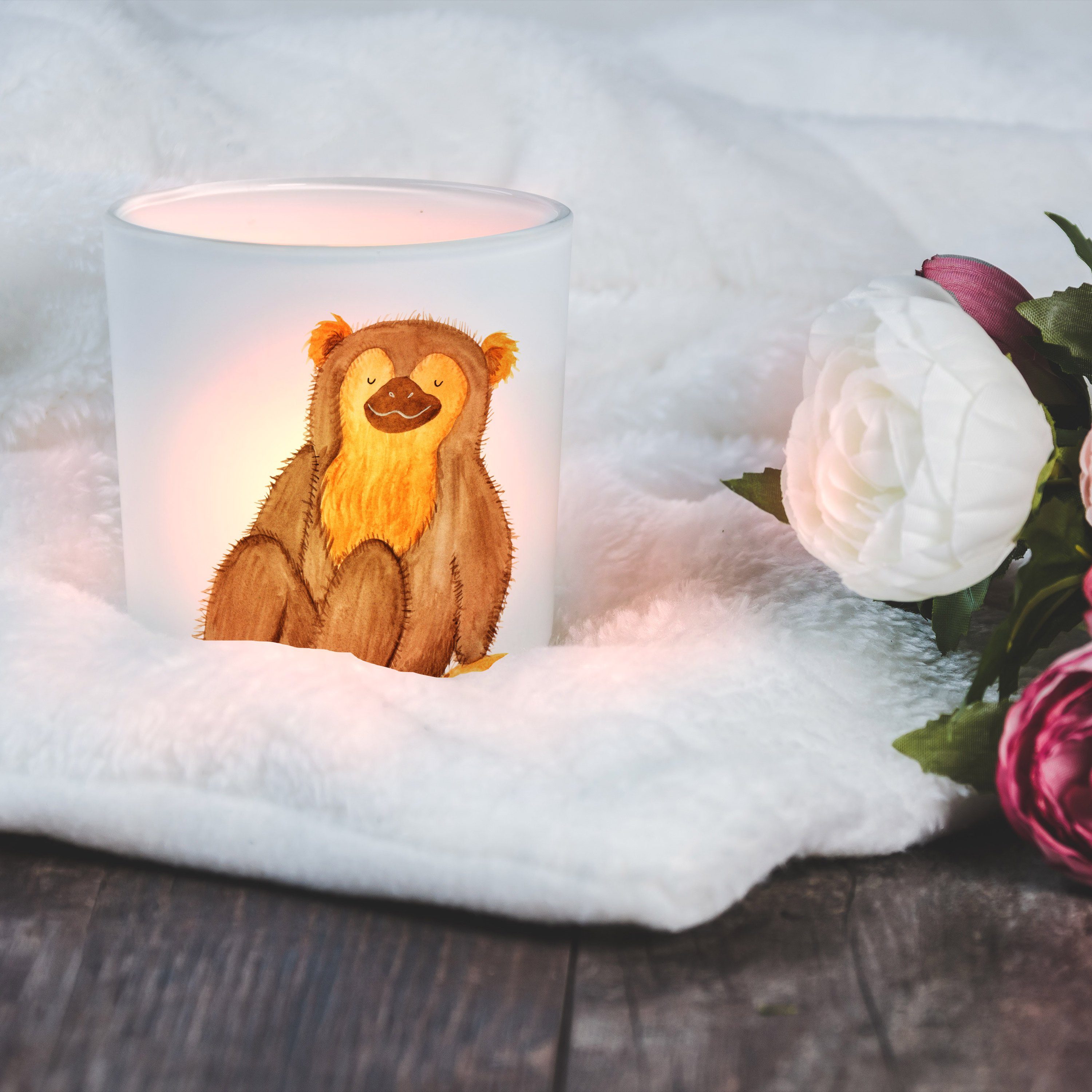 Mr. & Mrs. Panda Windlicht Affe - Transparent - Geschenk, Teelichter, Windlicht Kerze, Selbstbew (1 St) | Windlichter