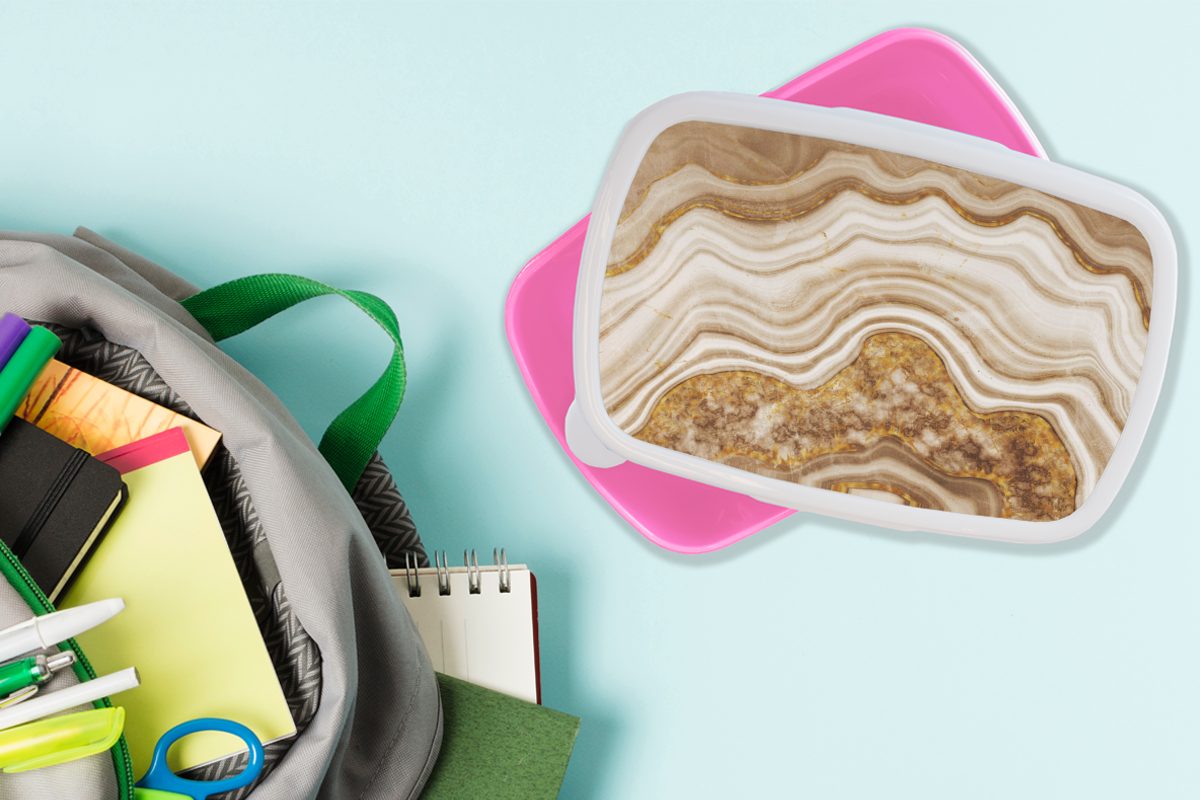 MuchoWow Lunchbox Marmor - Braun Mädchen, für - (2-tlg), Snackbox, Linie, Erwachsene, Kinder, Kunststoff, Brotdose Brotbox Kunststoff rosa