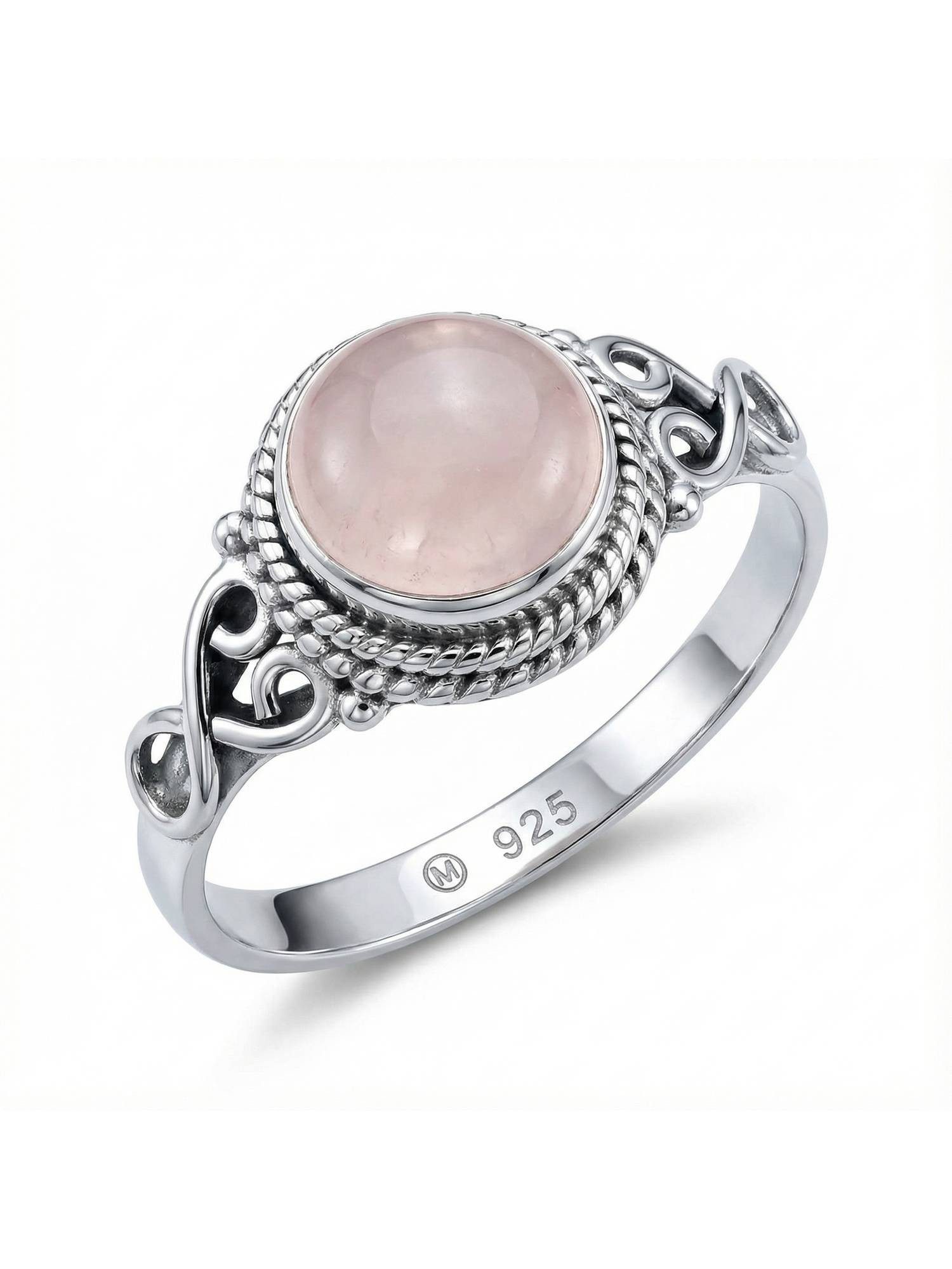 mantraroma Silberring BAGHIMI rund aus 925 Silber mit Rosenquarz (Ring mit Schmuckbeutel), Damenring aus 925er Silber