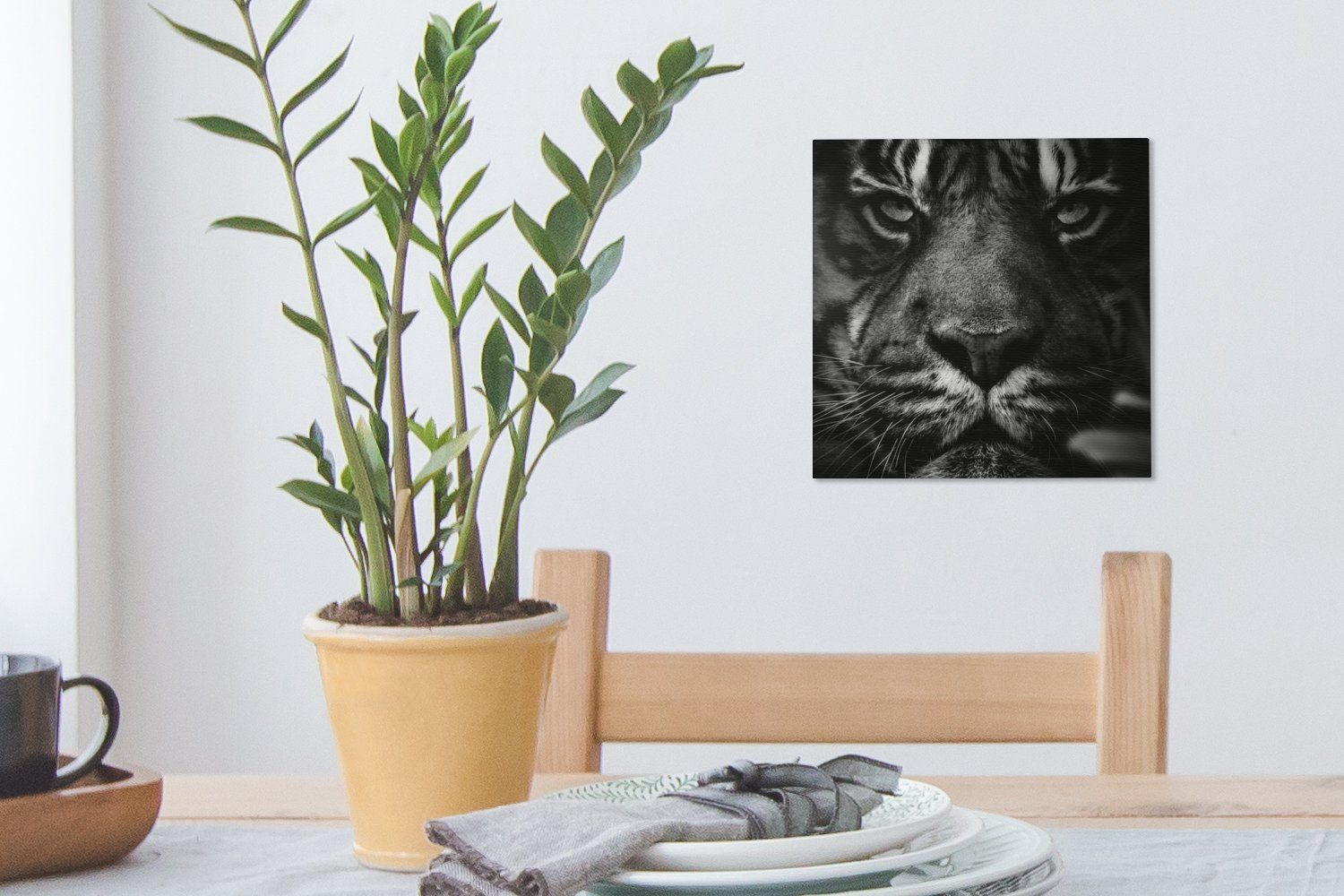 OneMillionCanvasses® Leinwandbild Leinwand Weiß, Schwarz Tiere Bilder Tiger (1 - Wohnzimmer St), - - für Schlafzimmer - Wild