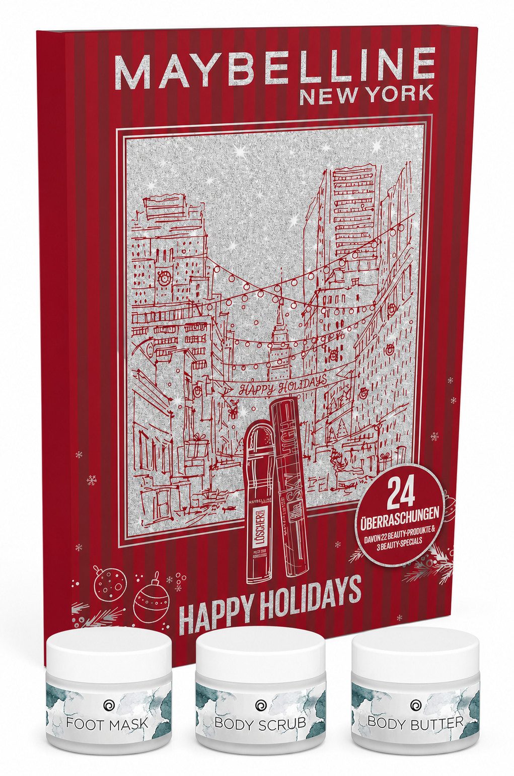 MAYBELLINE NEW YORK Adventskalender Adventskalender 2026 Happy Holidays (Set, 27-tlg), 24 Überraschungen + 3 Wellness Extras