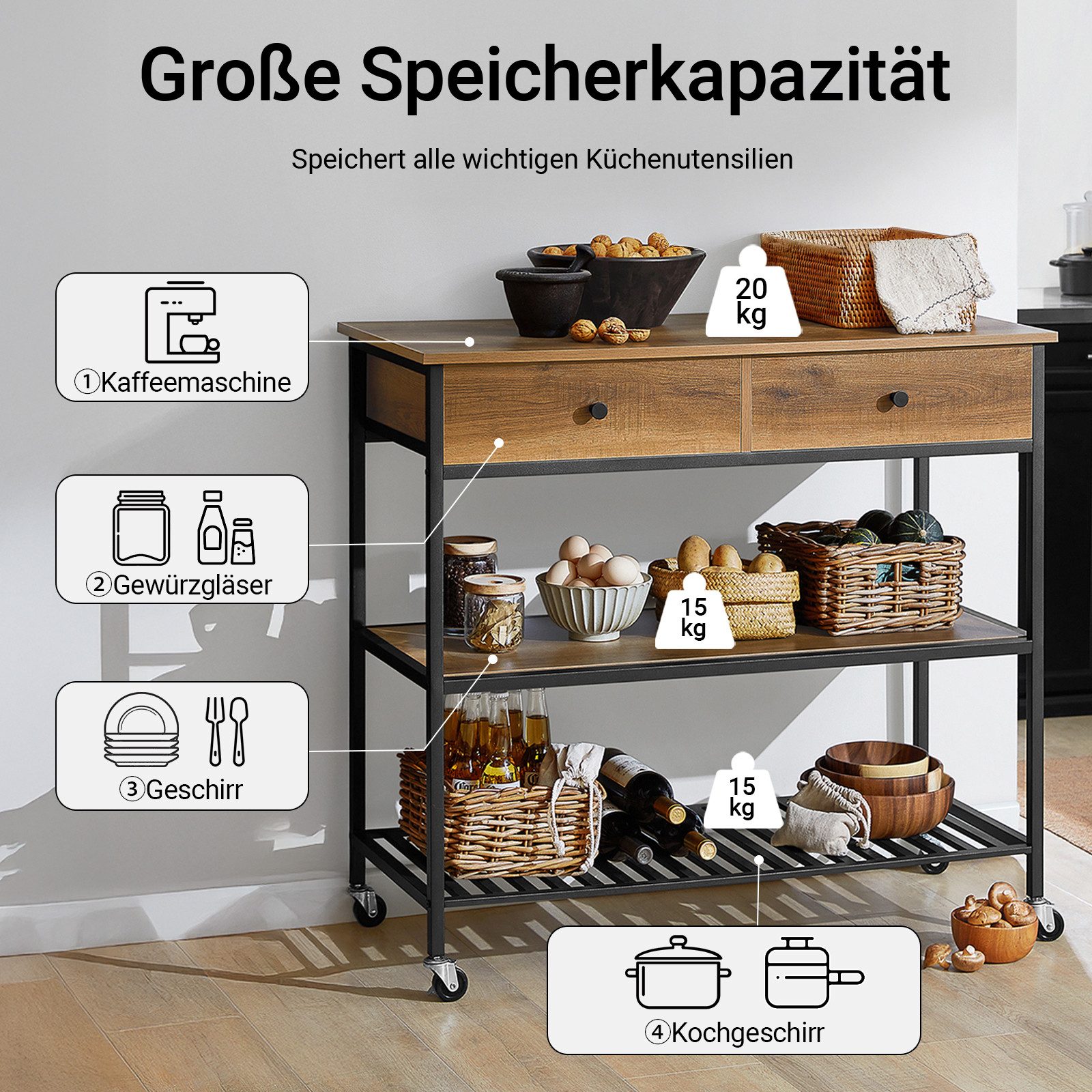 SoBuy Küchenwagen FKW112, Sideboard Beistelltisch mit 2 Schubladen Nischenwagen, Servierwagen Küchenregal mit 4 Rollen Kücheninsel Flurschrank
