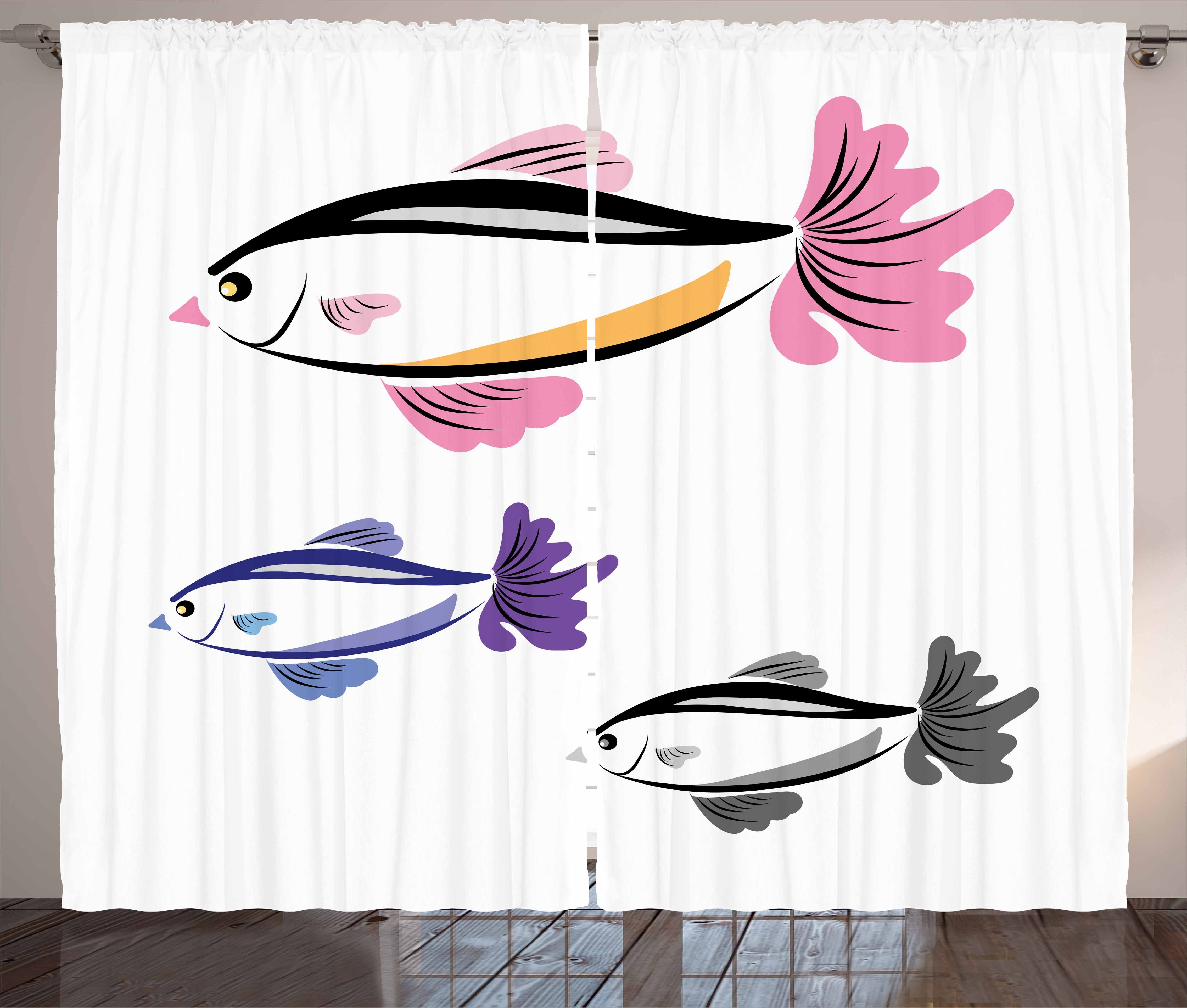 Gardine Schlafzimmer Kräuselband Vorhang mit Schlaufen und Haken, Abakuhaus, Fisch Vogel Faced Tiere Schwimmen | Fertiggardinen