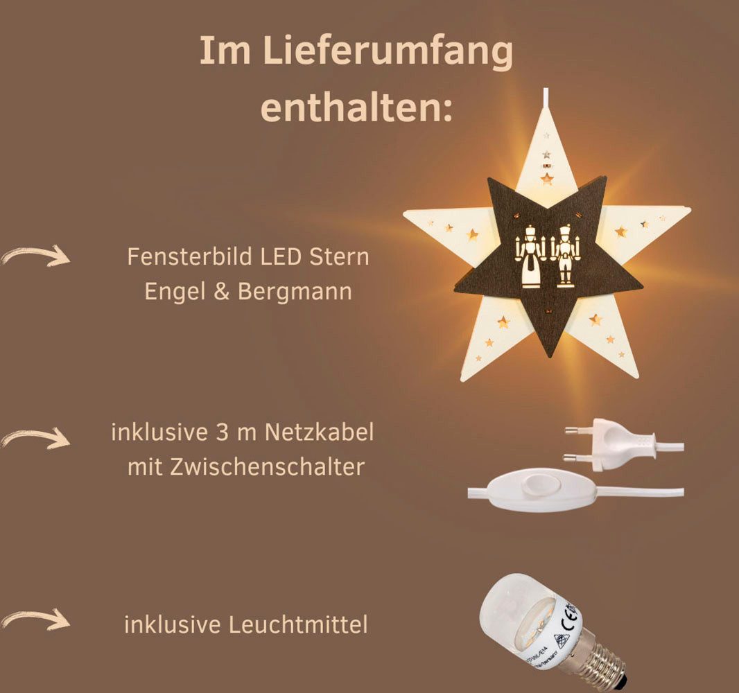 Weigla Dekostern LED Engel und Bergmannn, Fensterbild, WEIẞ-BRAUN, Made in Germany, 1 St., Erzgebirge garantiert, Weihnachtsdeko Innen, Weihnachtsbeleuchtung