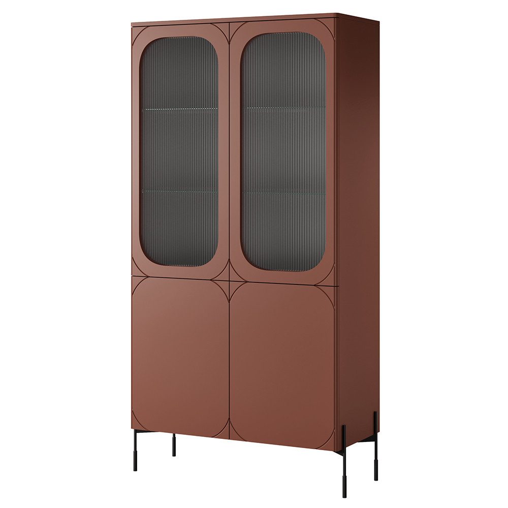 Lomadox Vitrine SPLIT-141 burgunder rot matt 104 cm Metallfüße Ornamentglas grifflos