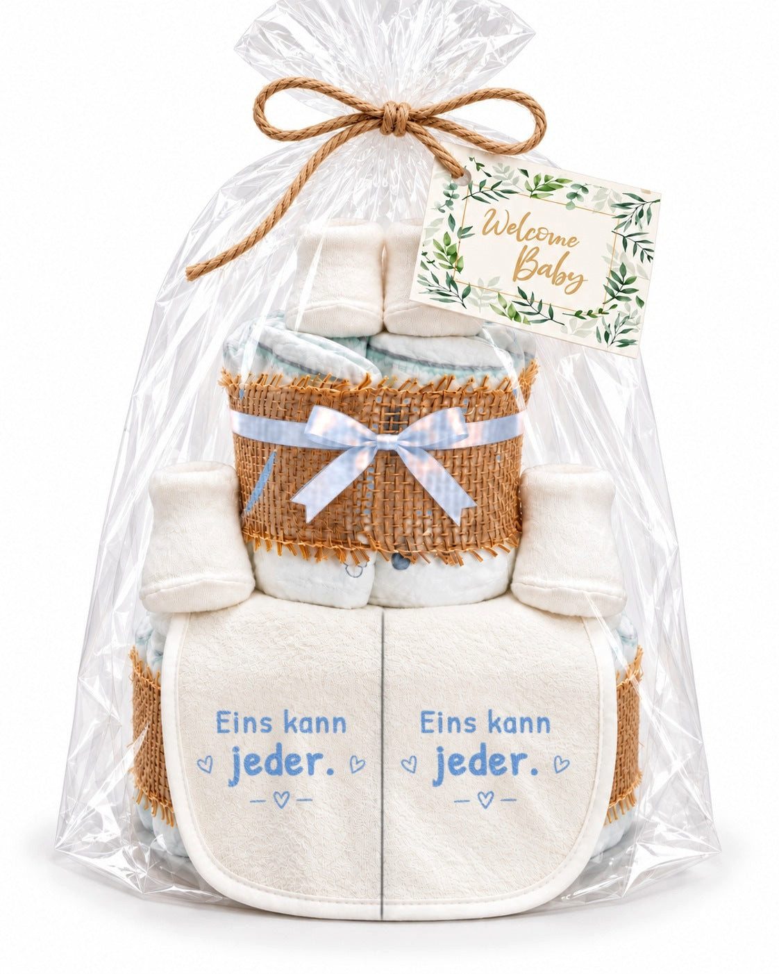dubistda-WINDELTORTEN- Neugeborenen-Geschenkset Zwillings-Windeltorte „Eins kann jeder.“ (Set, Windeltorte mit 2 Lätzchen und 2 Paar Babysocken) handgemacht in Deutschland